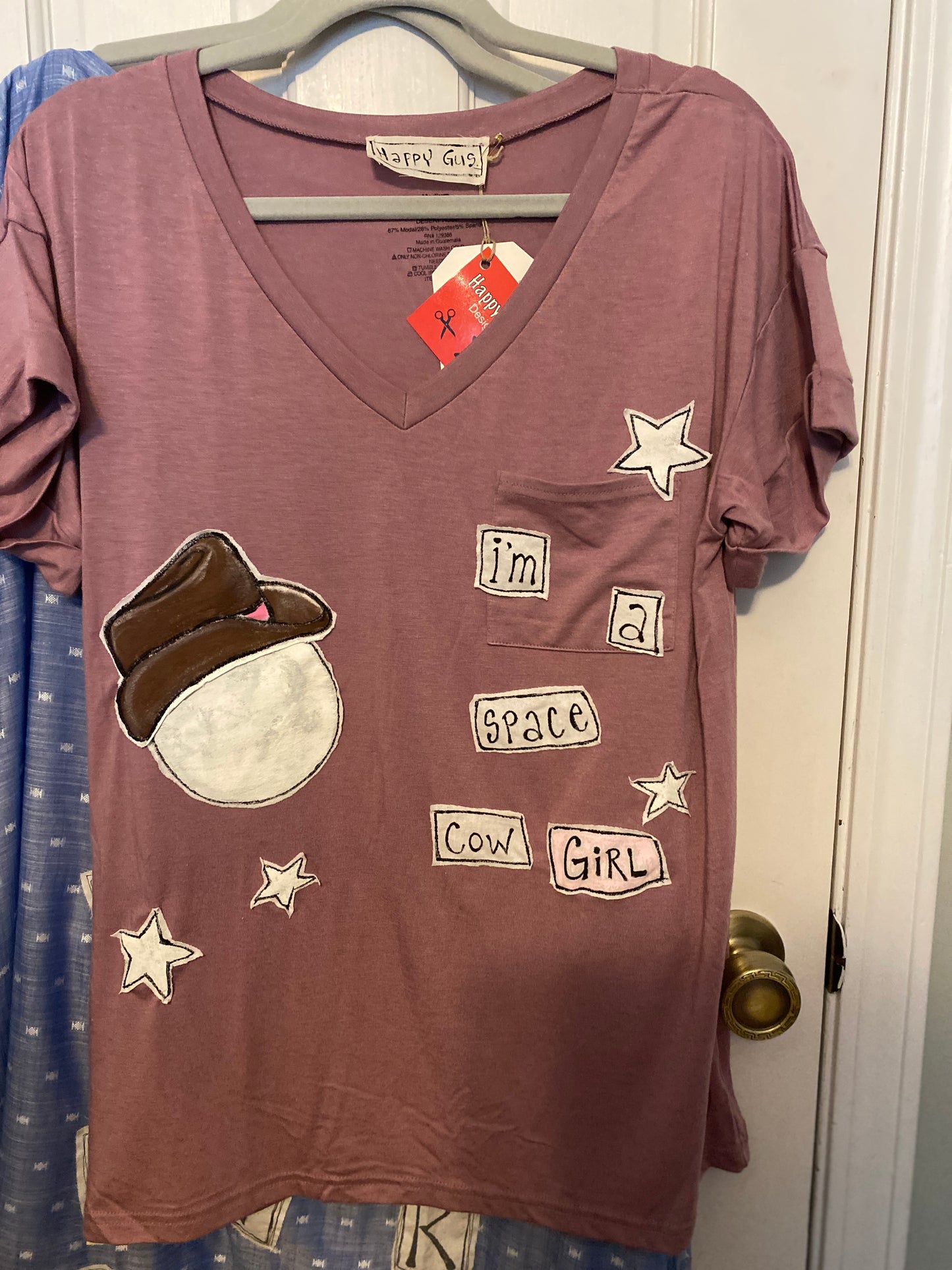 "I'm a Space Cow Girl" Women's Lilac V-Neck Tee (L) (SOLD)