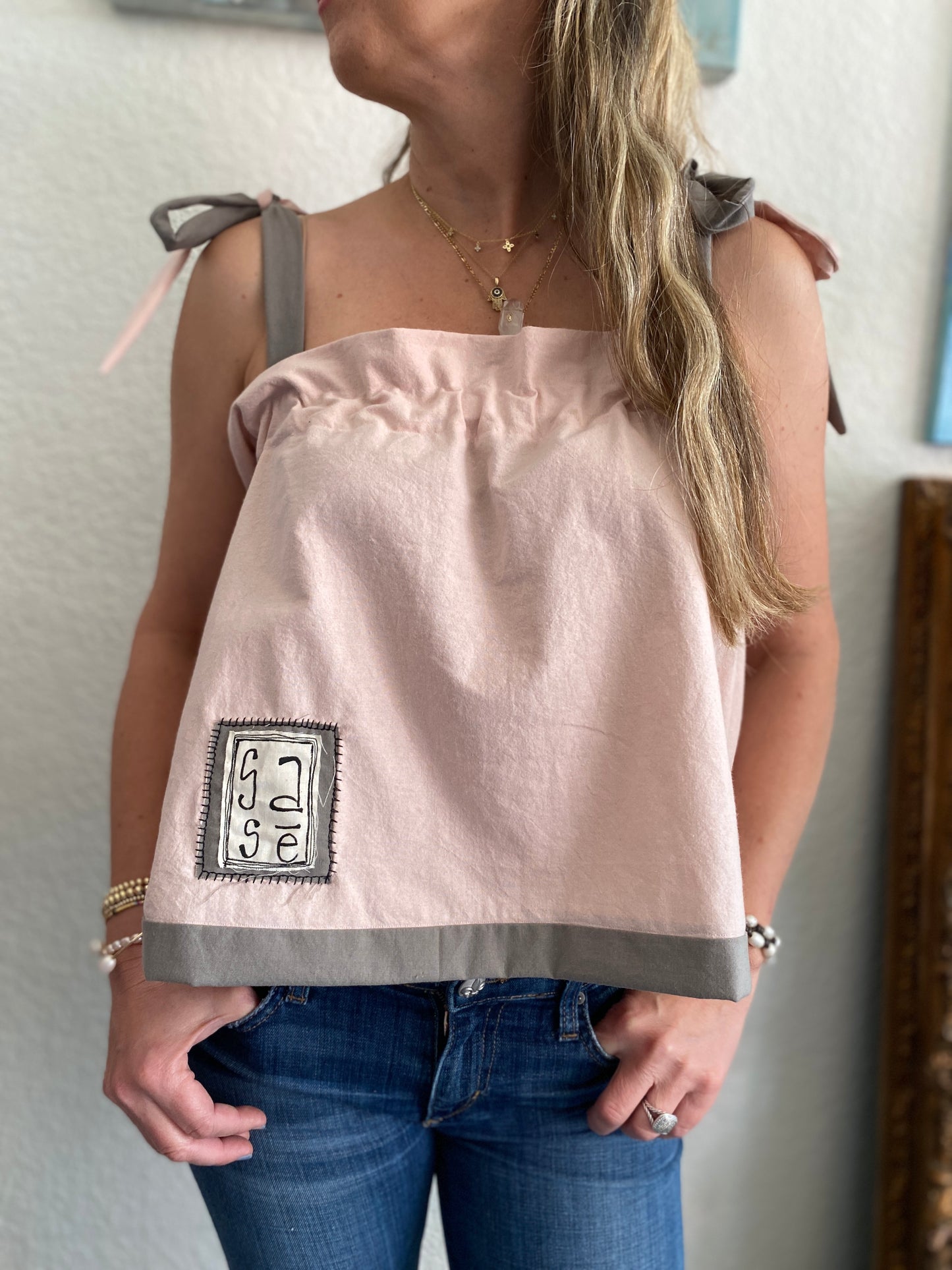"Sasē" Light Pink/ Sage Green Cotton Tie Strap Top
