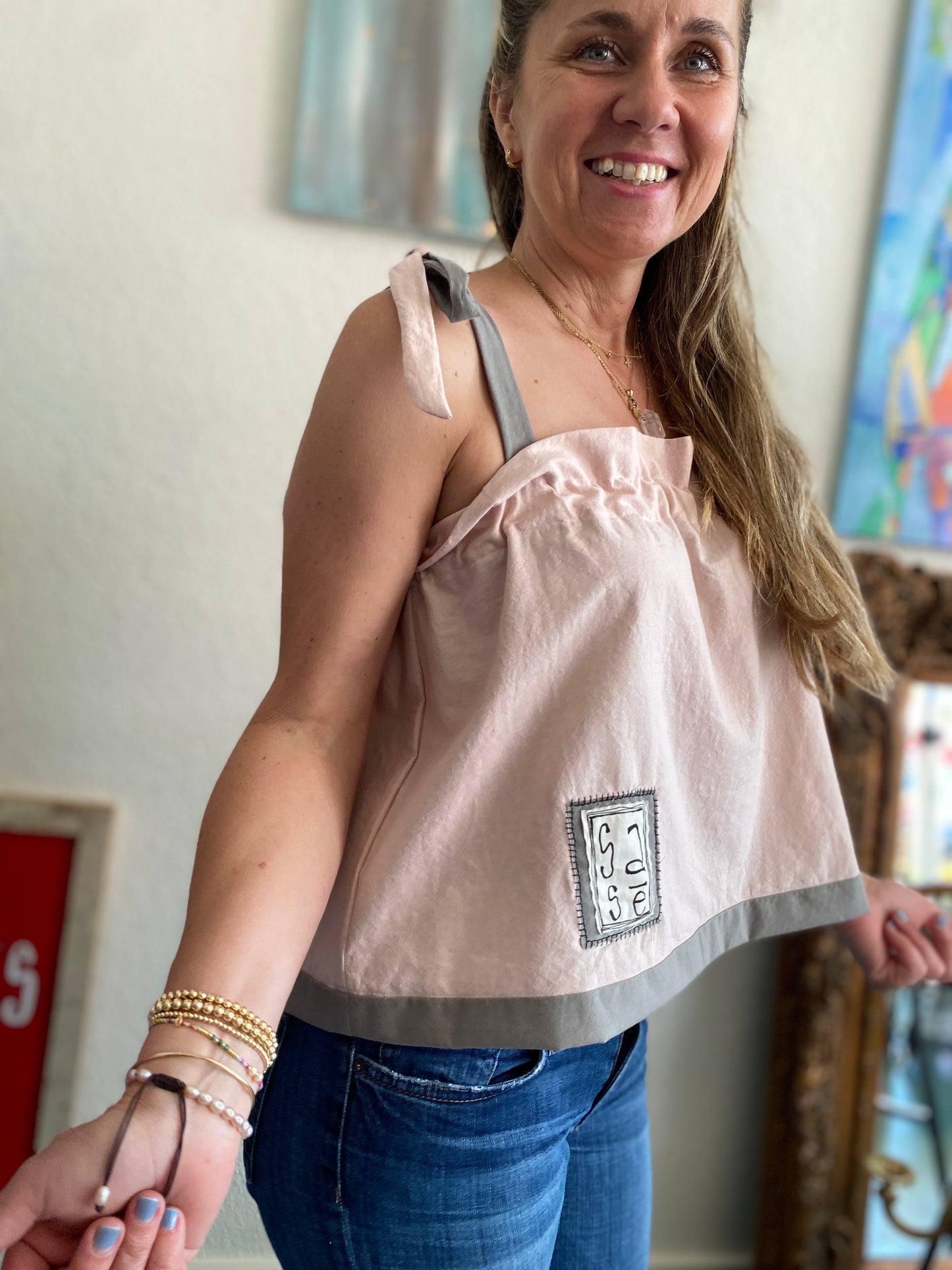 "Sasē" Light Pink/ Sage Green Cotton Tie Strap Top
