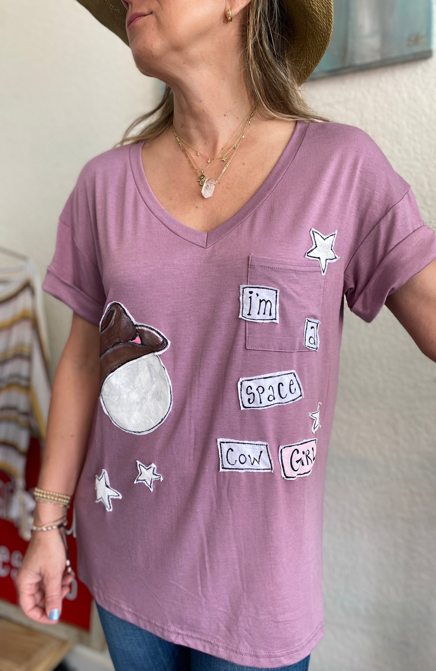 "I'm a Space Cow Girl" Women's Lilac V-Neck Tee (L) (SOLD)
