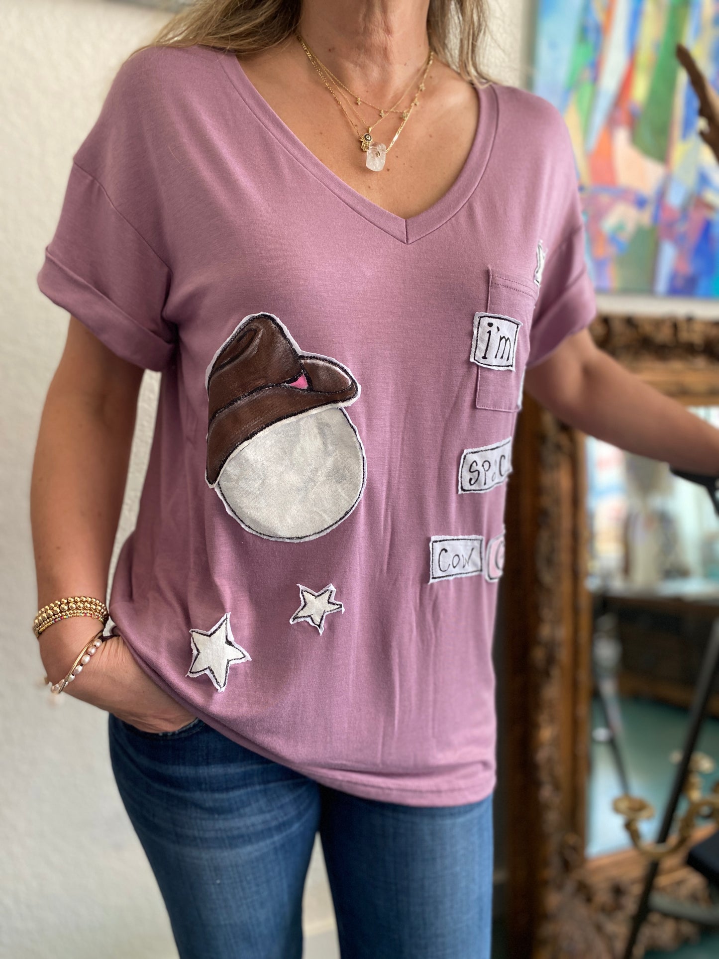 "I'm a Space Cow Girl" Women's Lilac V-Neck Tee (L) (SOLD)