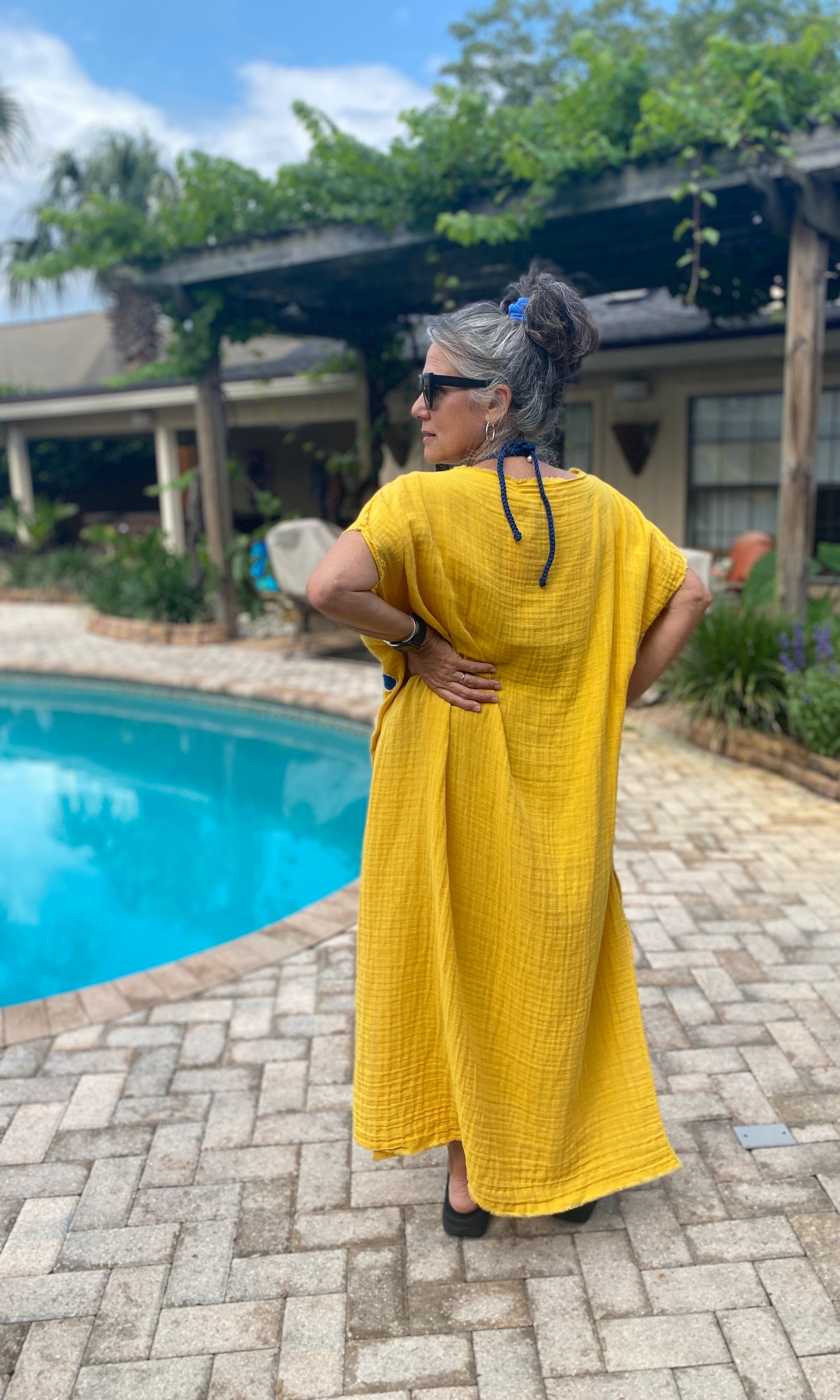 "Blue Bubble Head" Women's Bright Yellow Maxi Dress/Cover Up/Kaftan