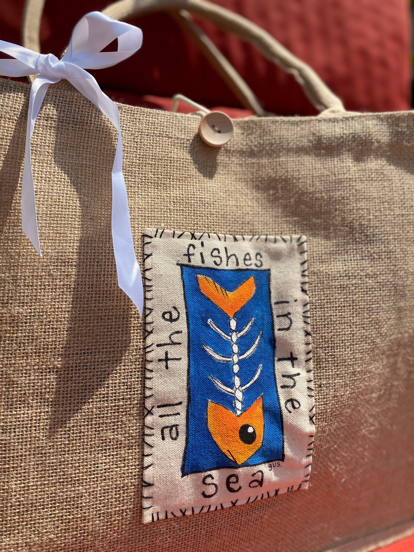 "All the Fishes in the Sea". Burlap Beach Bag