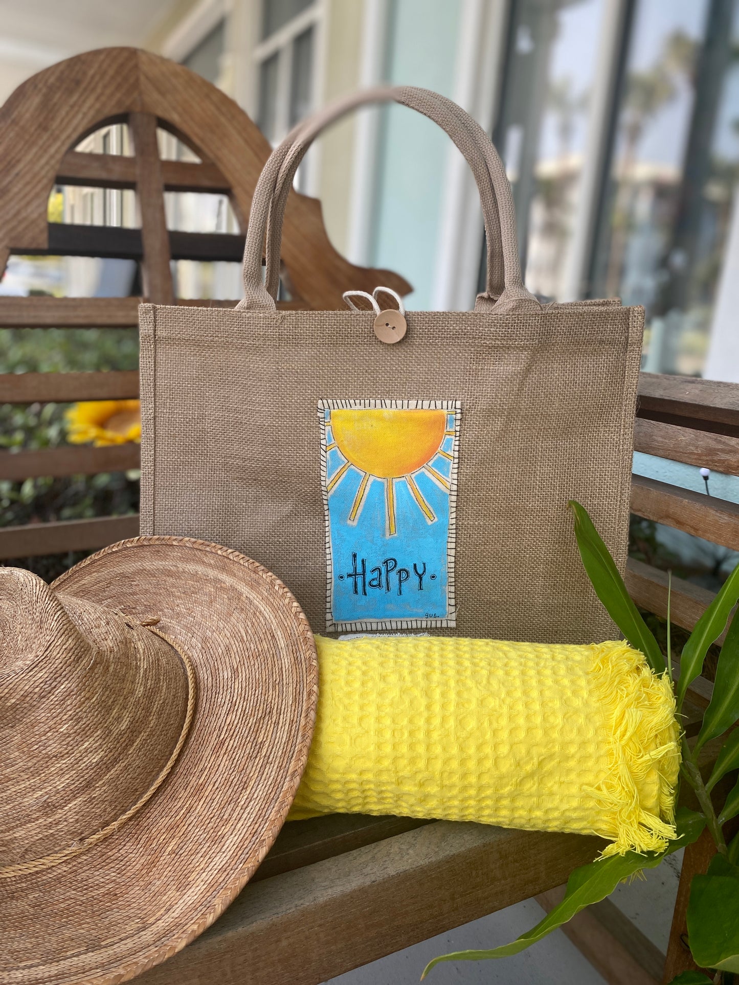 "Happy". Simply Happy Sun Burlap Beach Bag (SOLD)