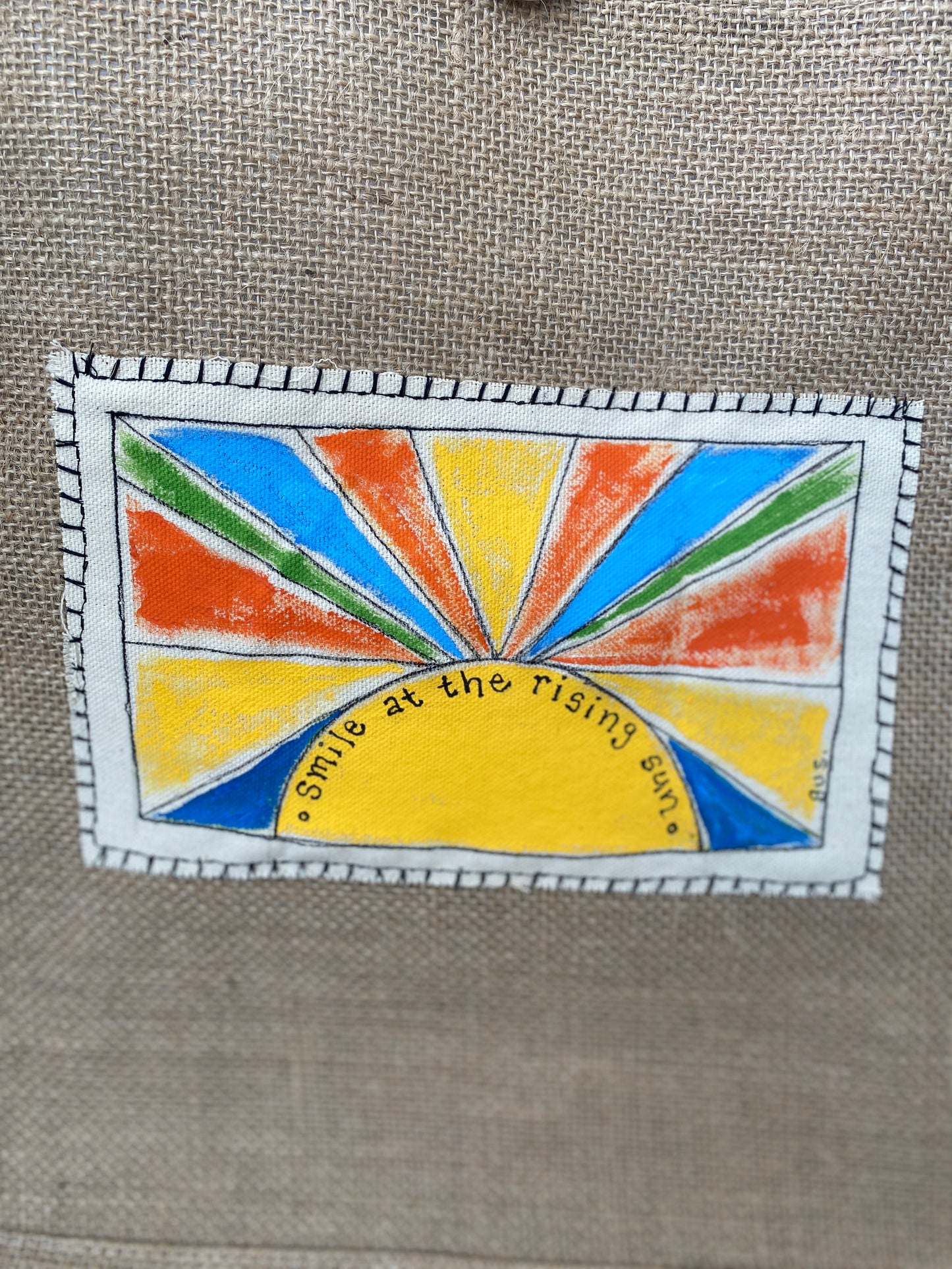 "Smile at the Rising Sun" Burlap Beach Bag
