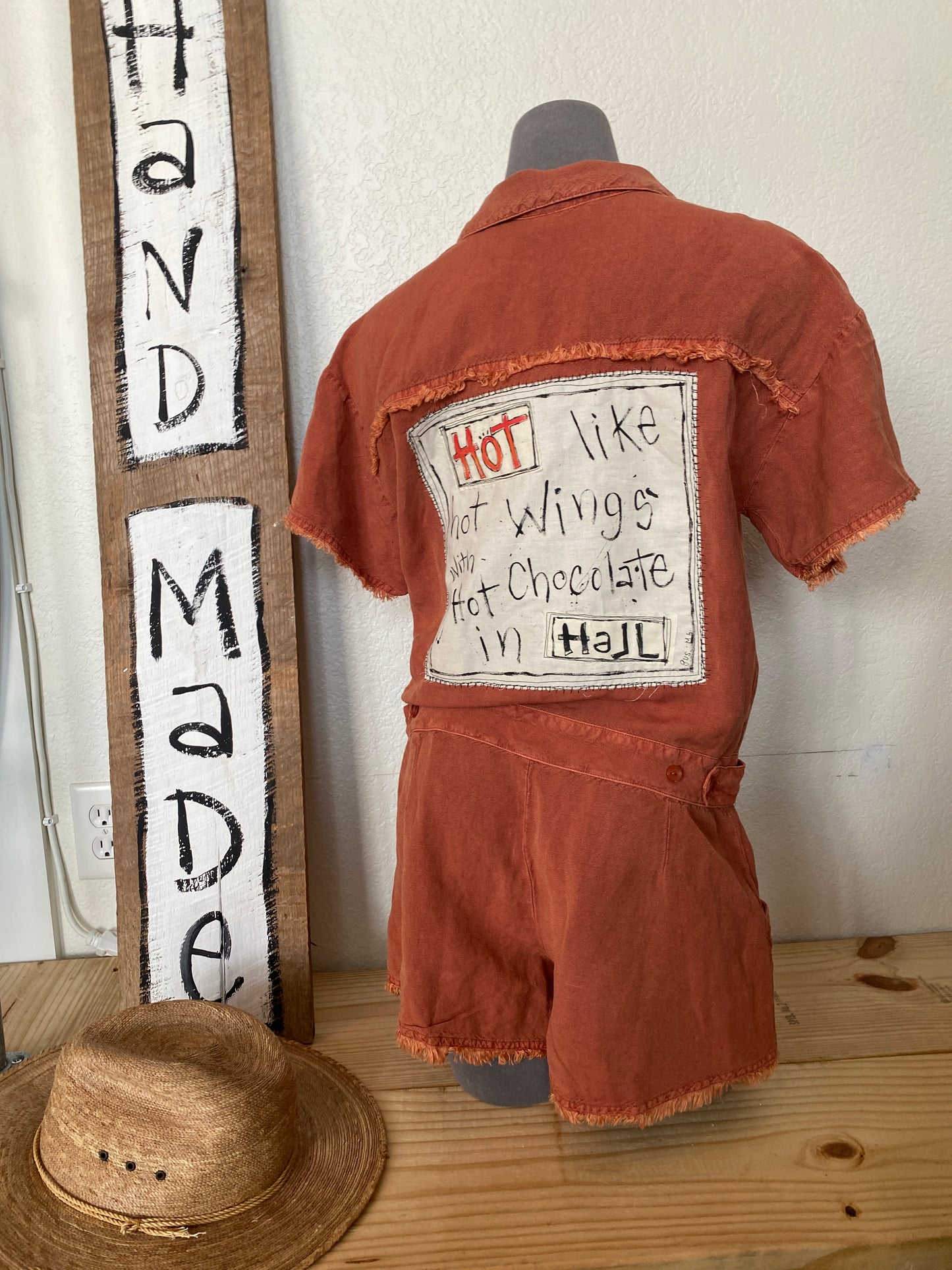 Hot, Like Hot Wings with Hot Chocolate in H3LL" UPCYCLED Short Sleeve Romper in Burnt Orange (SOLD)
