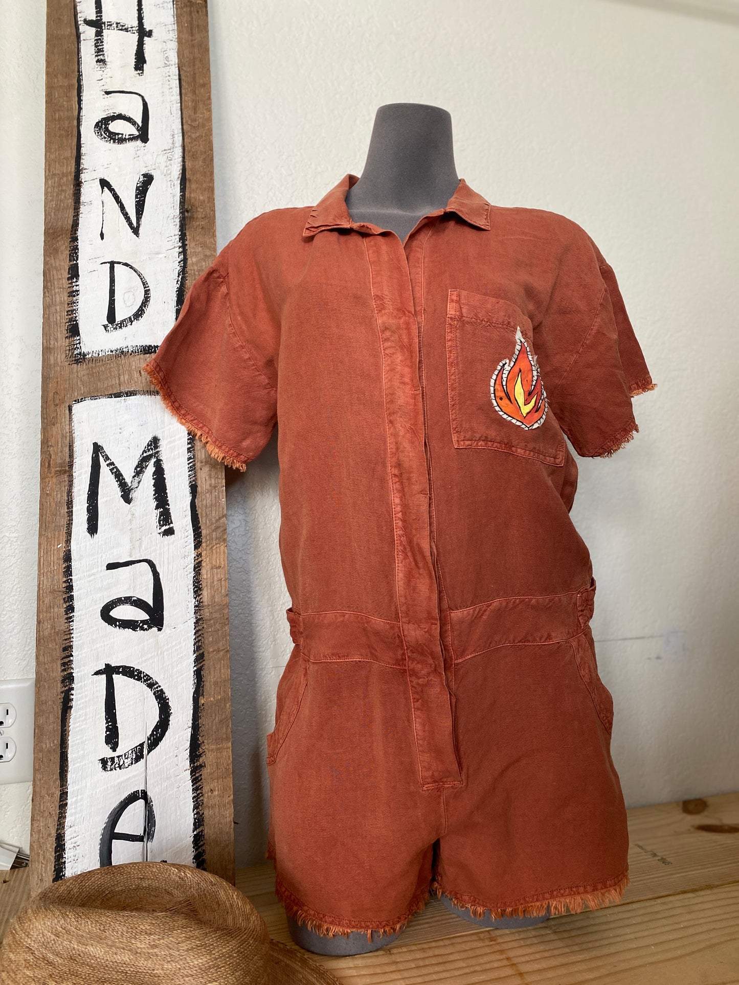 Hot, Like Hot Wings with Hot Chocolate in H3LL" UPCYCLED Short Sleeve Romper in Burnt Orange (SOLD)