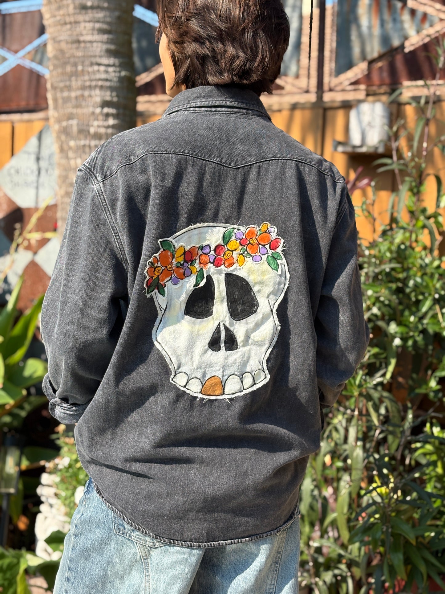 "FLOWER SKULL" UpCycled Black Denim Shirt
