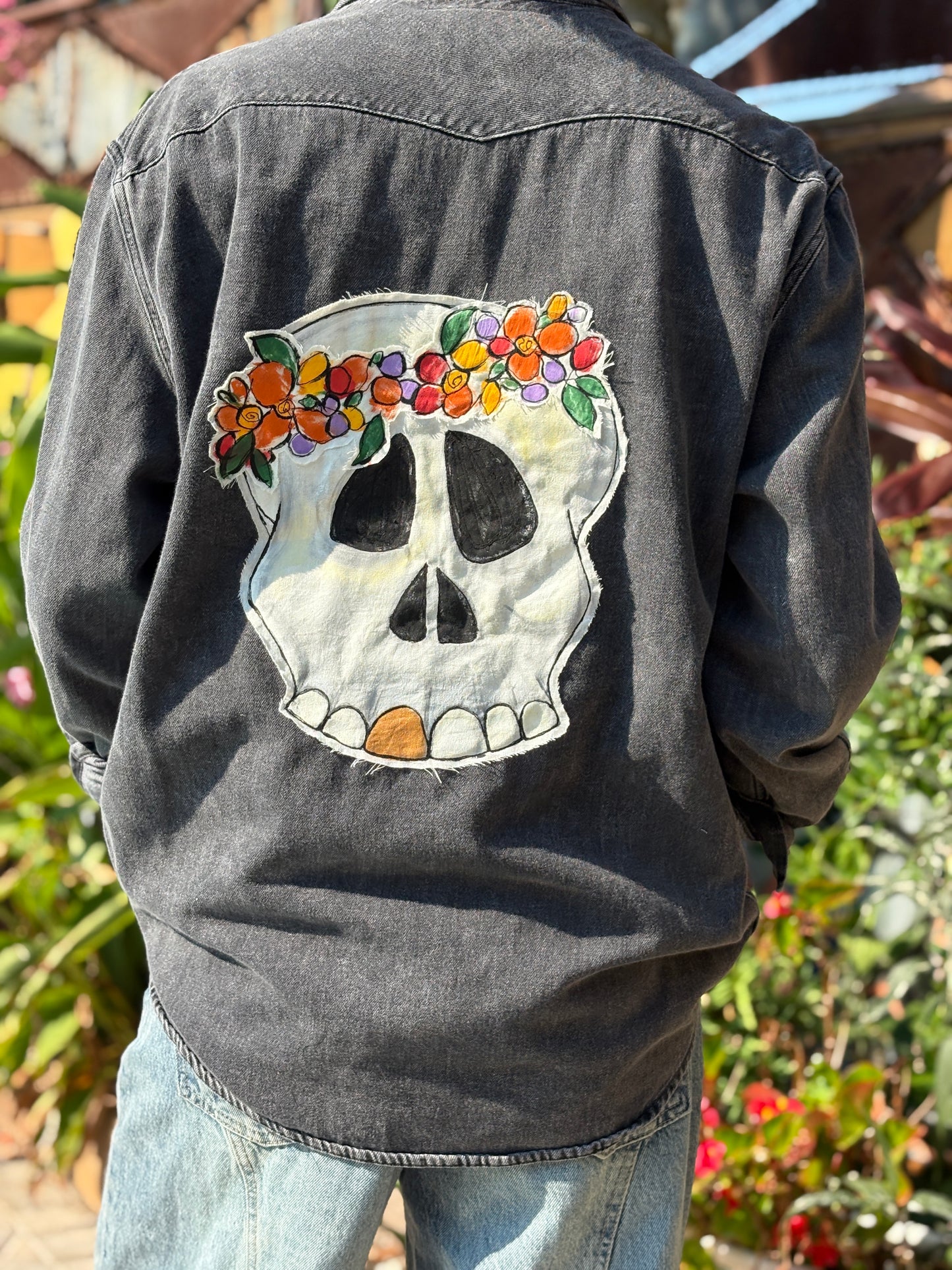 "FLOWER SKULL" UpCycled Black Denim Shirt