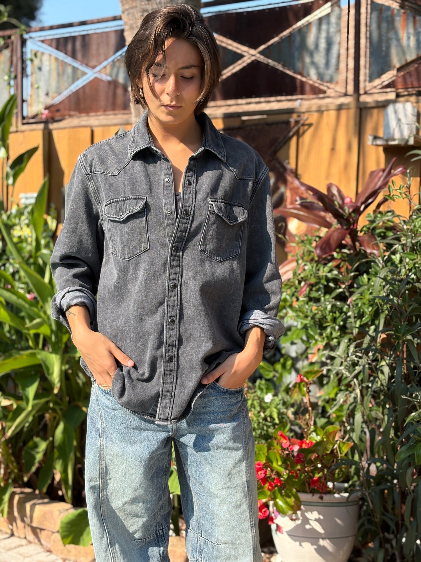 "FLOWER SKULL" UpCycled Black Denim Shirt