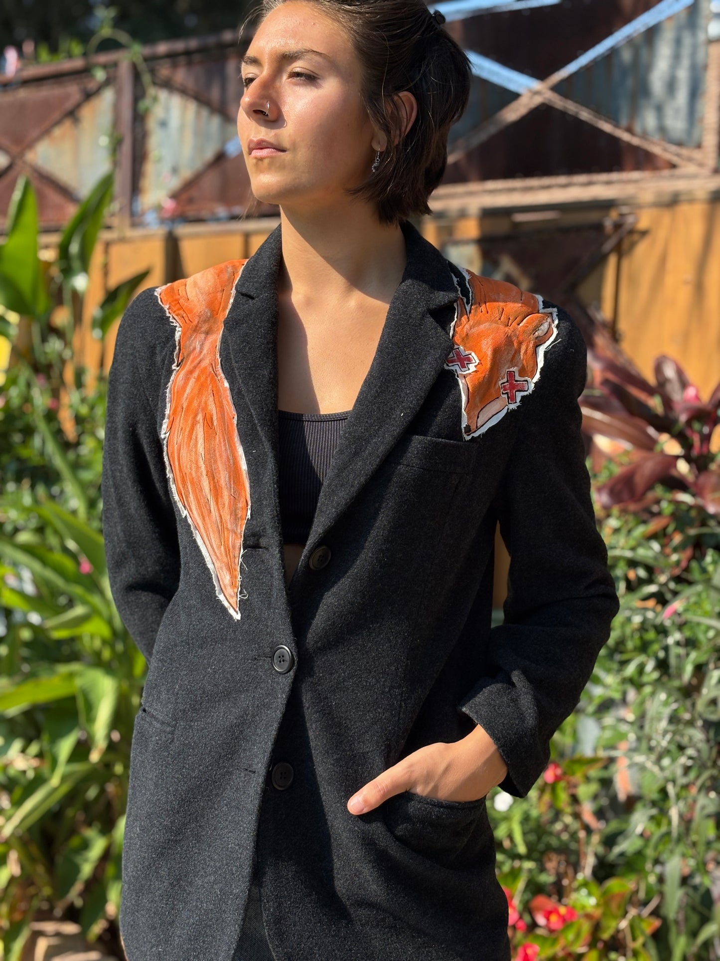 "NO FUR" UpCycled Wool Blazer with Hand Painted Faux Fox