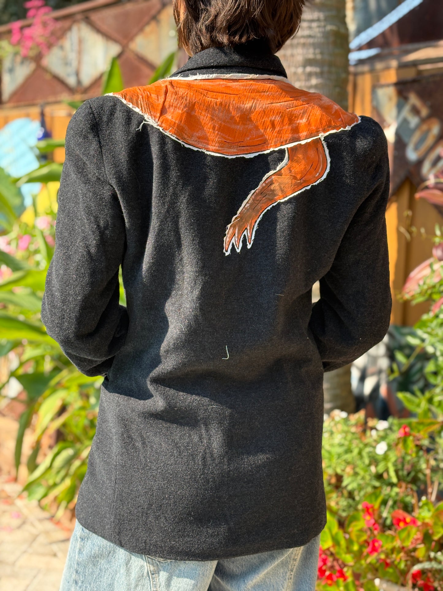 "NO FUR" UpCycled Wool Blazer with Hand Painted Faux Fox