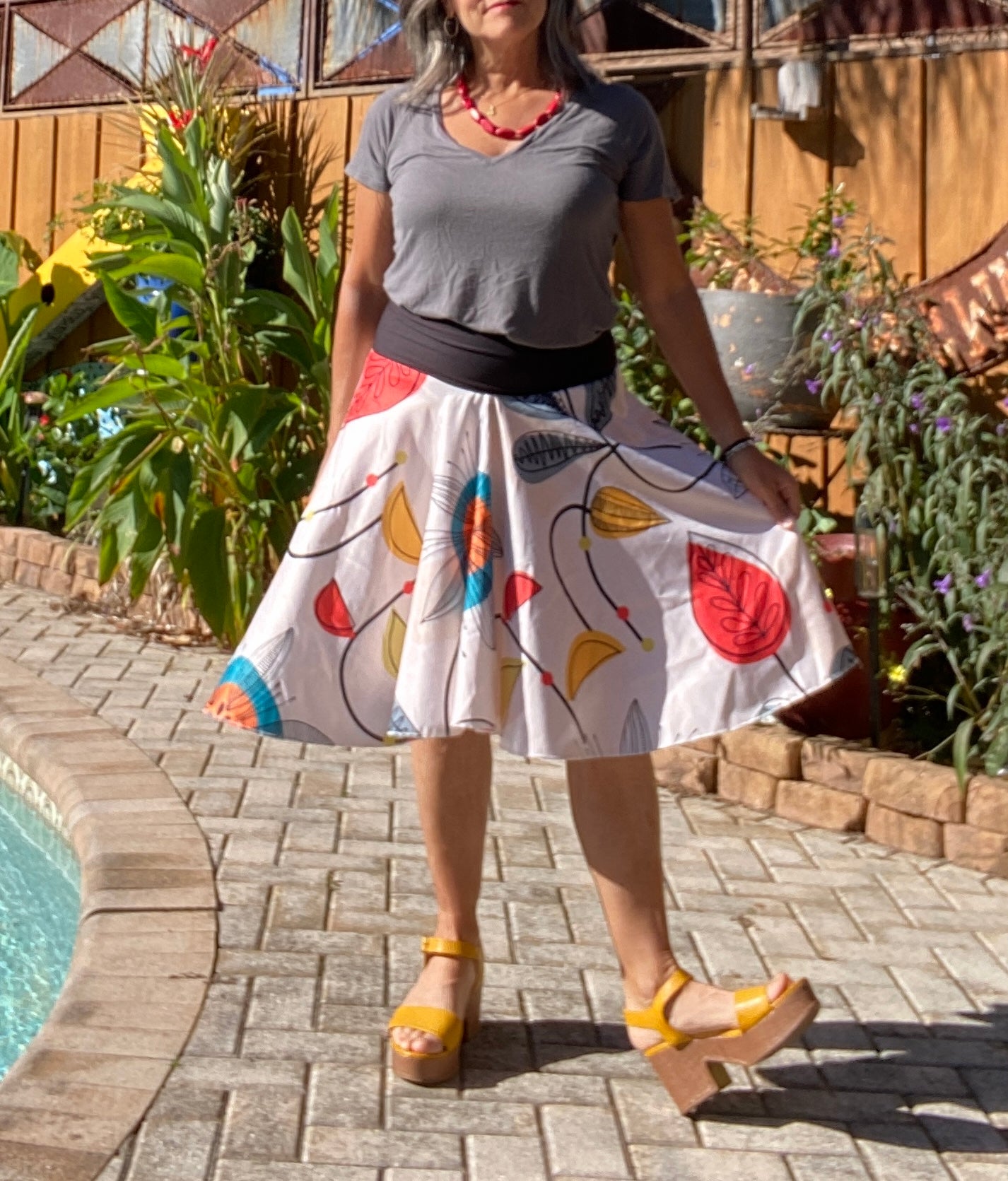 Retro Print Circular Skirt with Black Bandeau