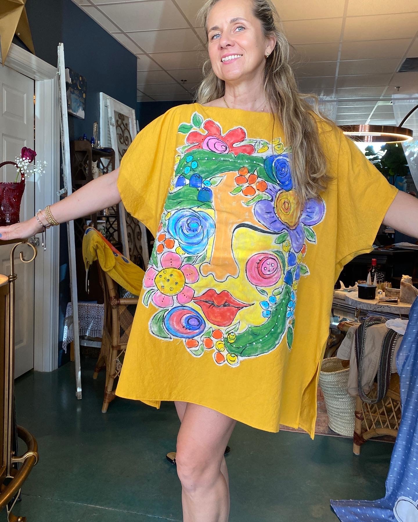 "MoThr Earth". Women's Bright Yellow Dress/Cover Up with Face & Flowers (SOLD)