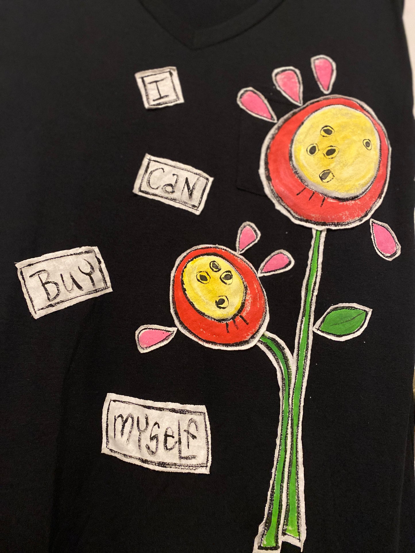 "I Can Buy Myself Flowers" Women's Short Sleeve Black V-Neck Tee (L) (SOLD)