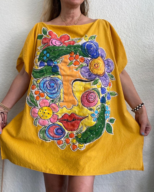 "MoThr Earth". Women's Bright Yellow Dress/Cover Up with Face & Flowers (SOLD)