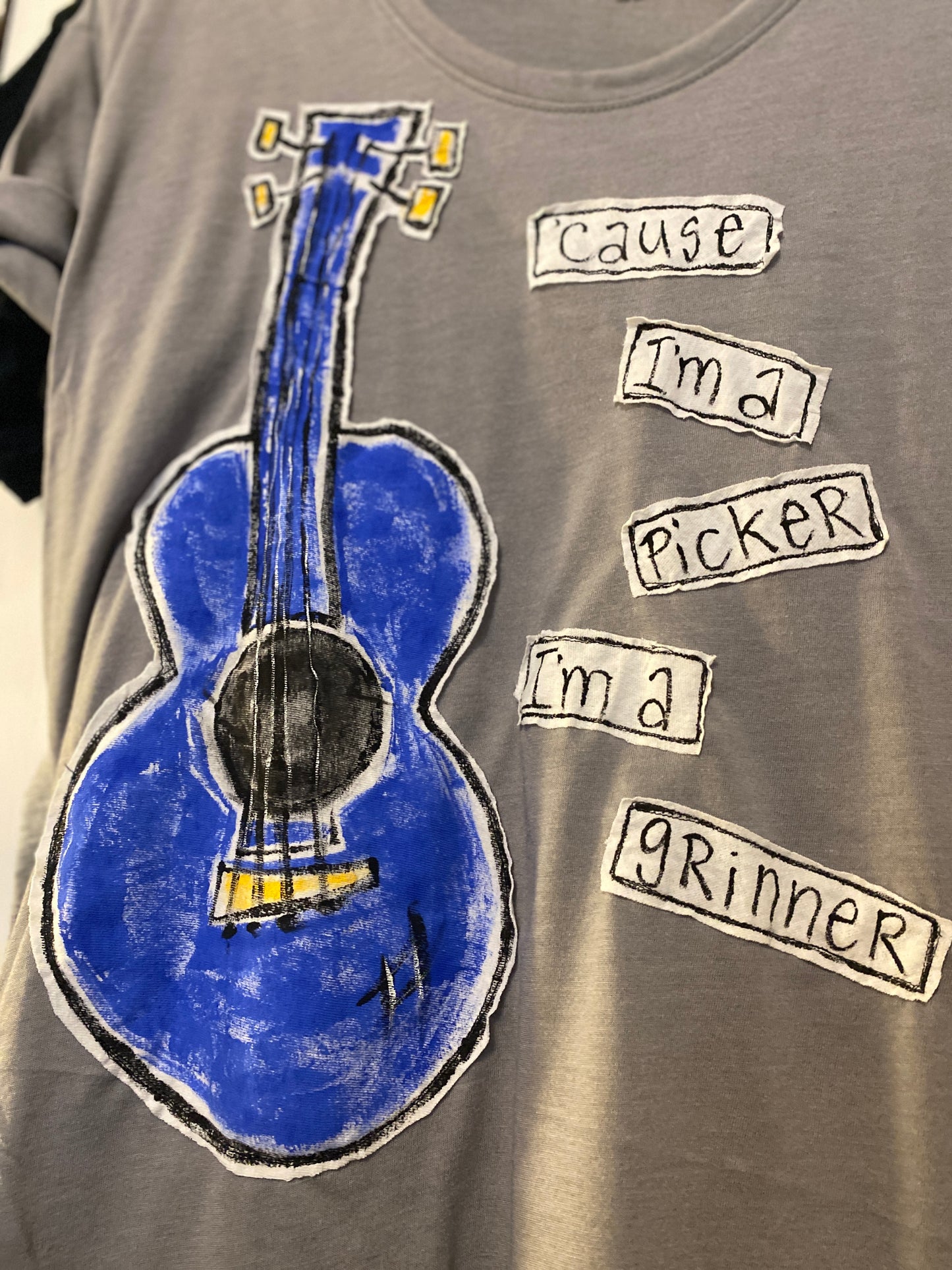 "'Cause I'm a Picker,  I'm a Grinner" Women's Short Sleeve Grey Tee (SOLD)