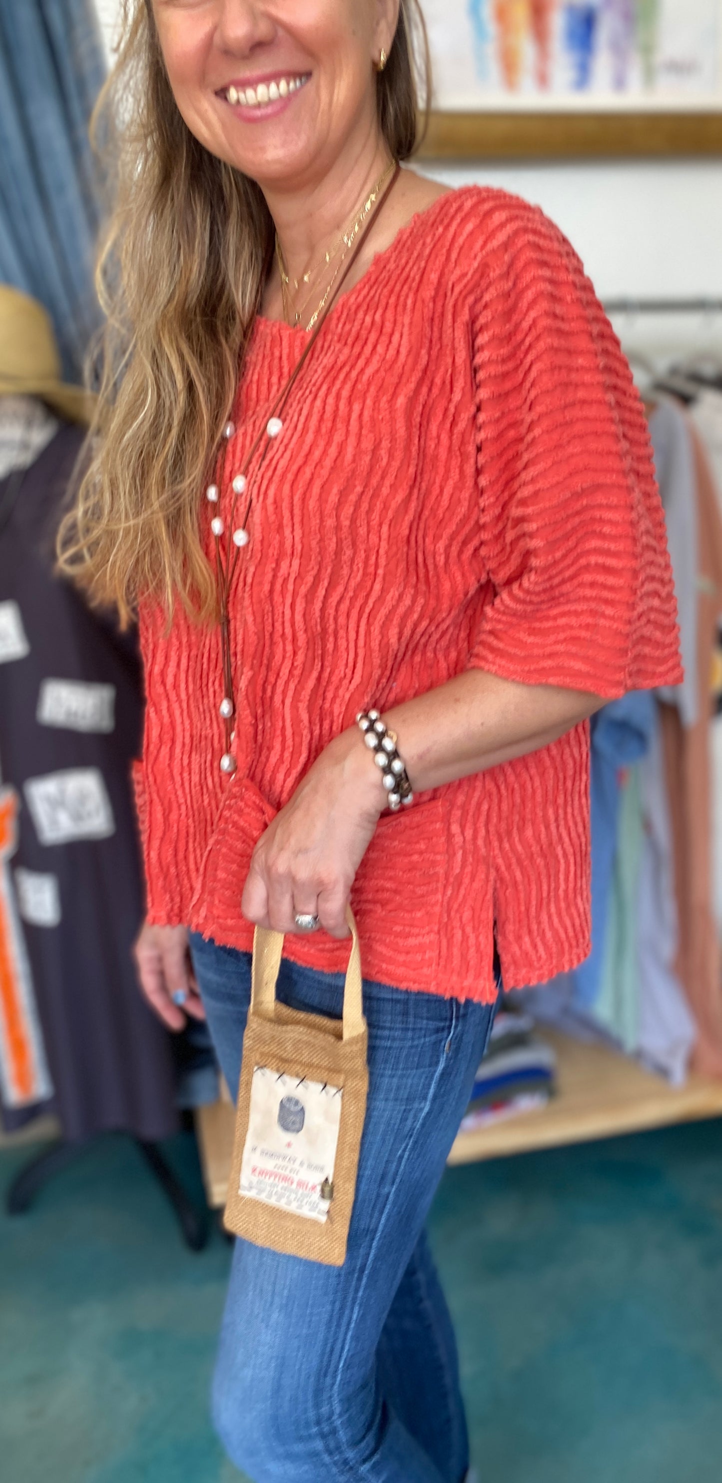 Coral Chenille Peek-a-Boo Back Top (M/L) (SOLD)