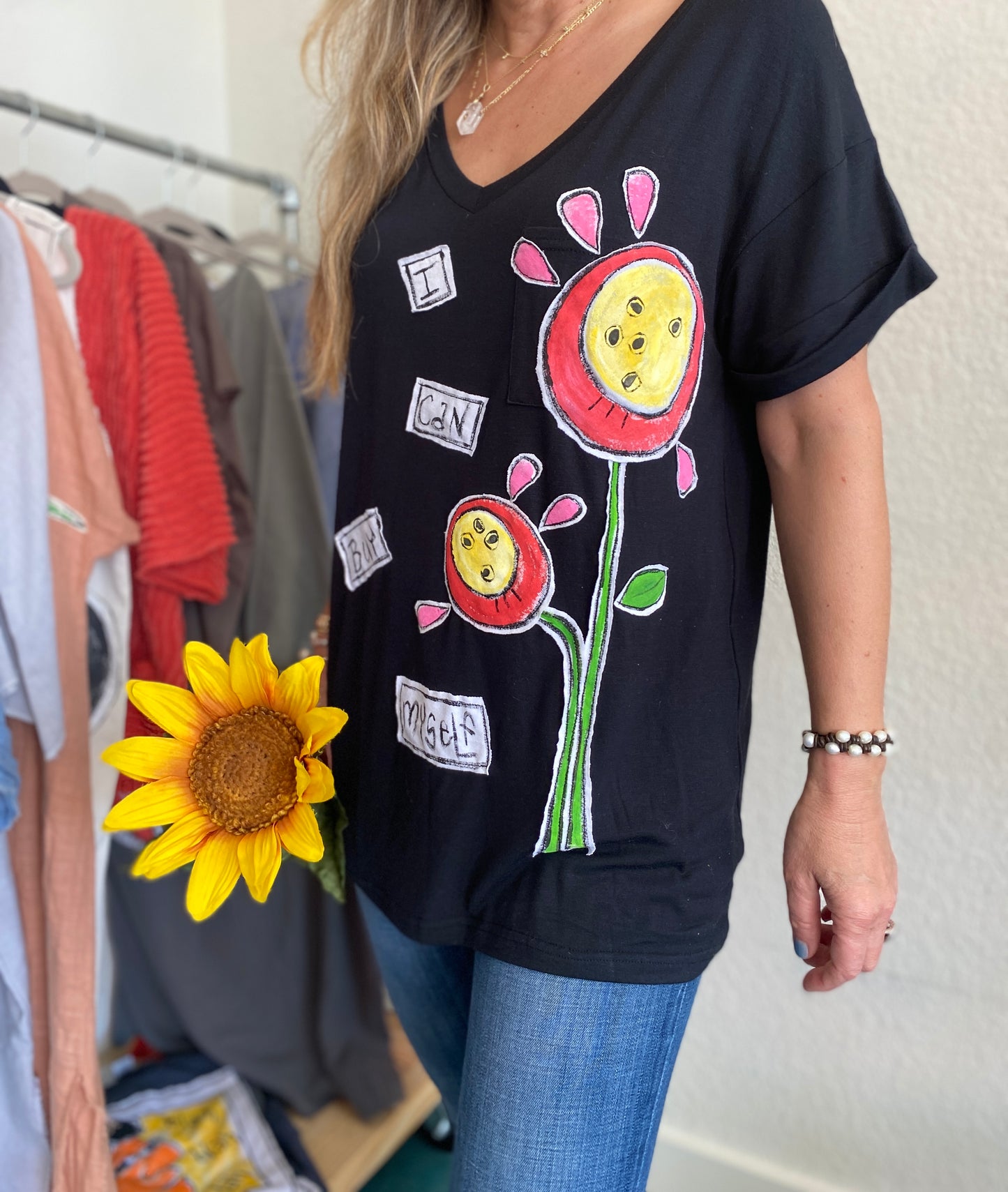 "I Can Buy Myself Flowers" Women's Short Sleeve Black V-Neck Tee (L) (SOLD)