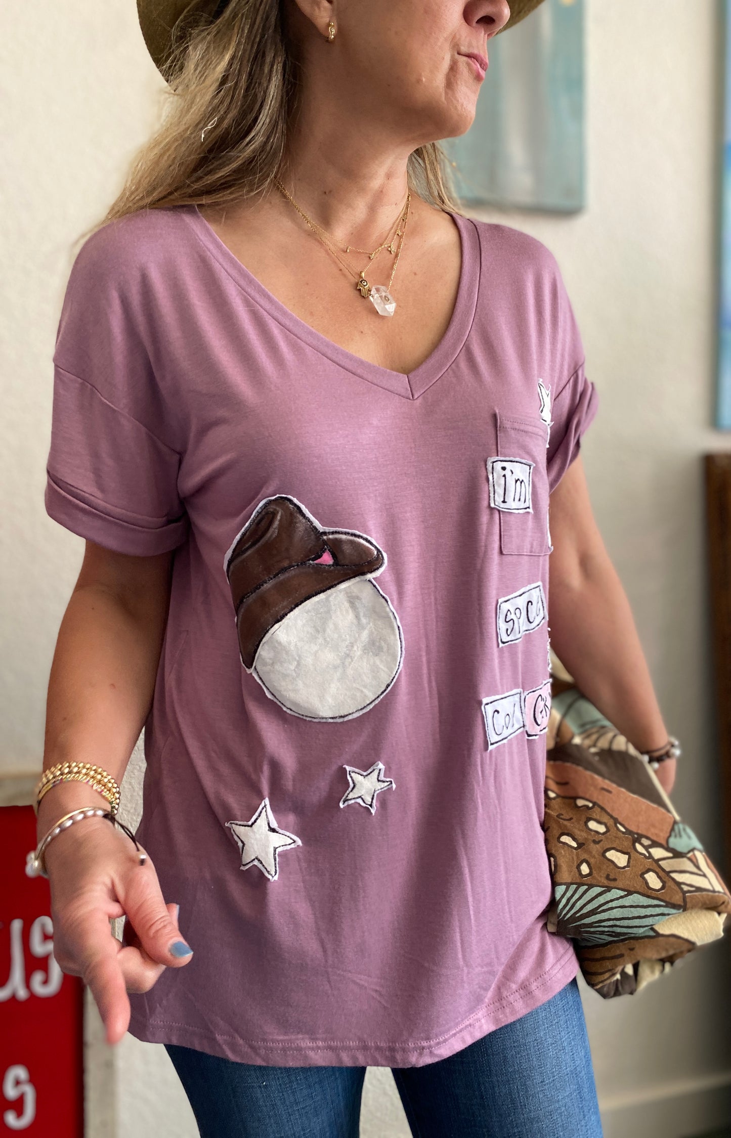 "I'm a Space Cow Girl"  Women's Lilac V-Neck Tee (L)