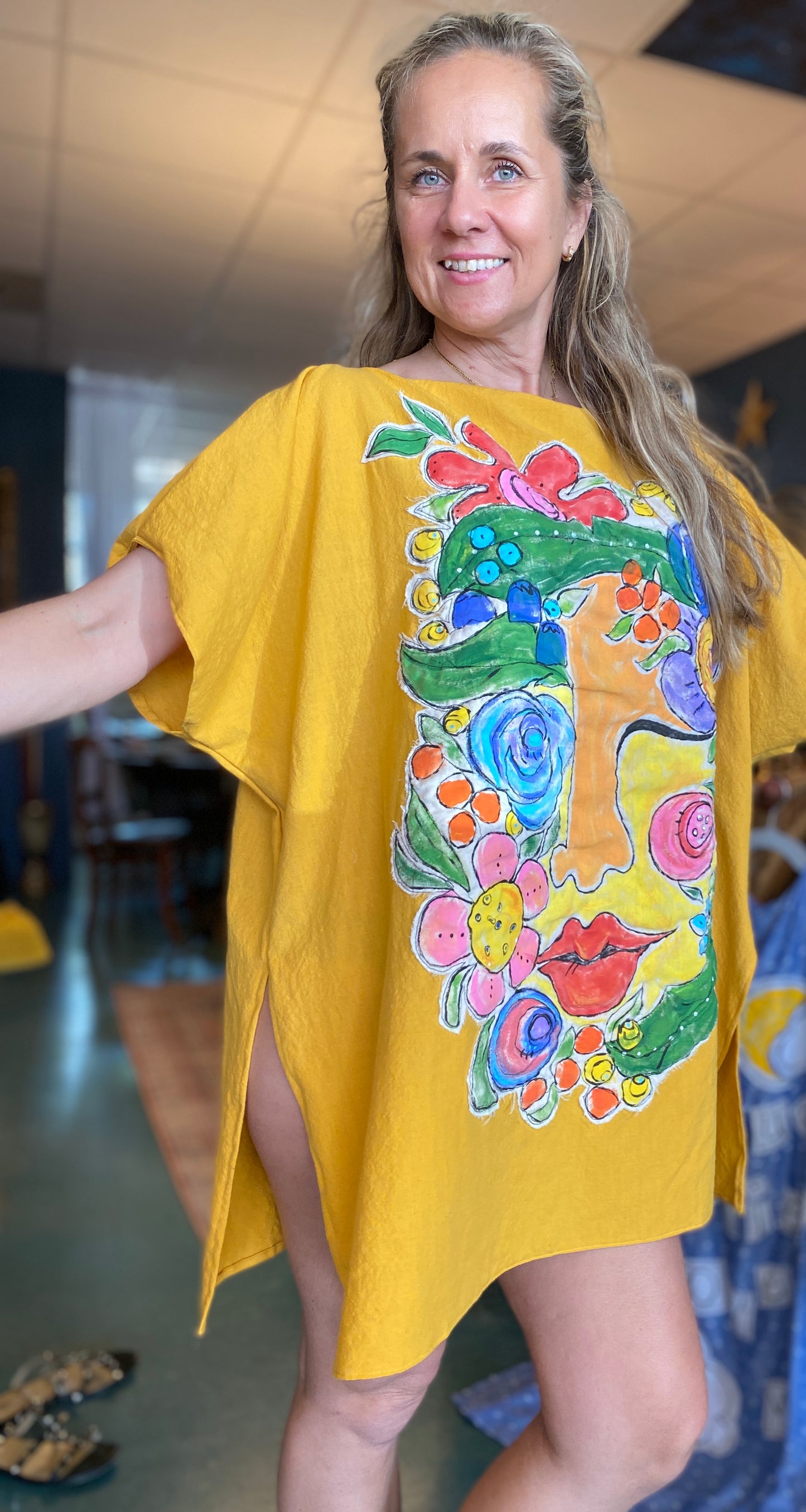 "MoThr Earth". Women's Bright Yellow Dress/Cover Up with Face & Flowers (SOLD)