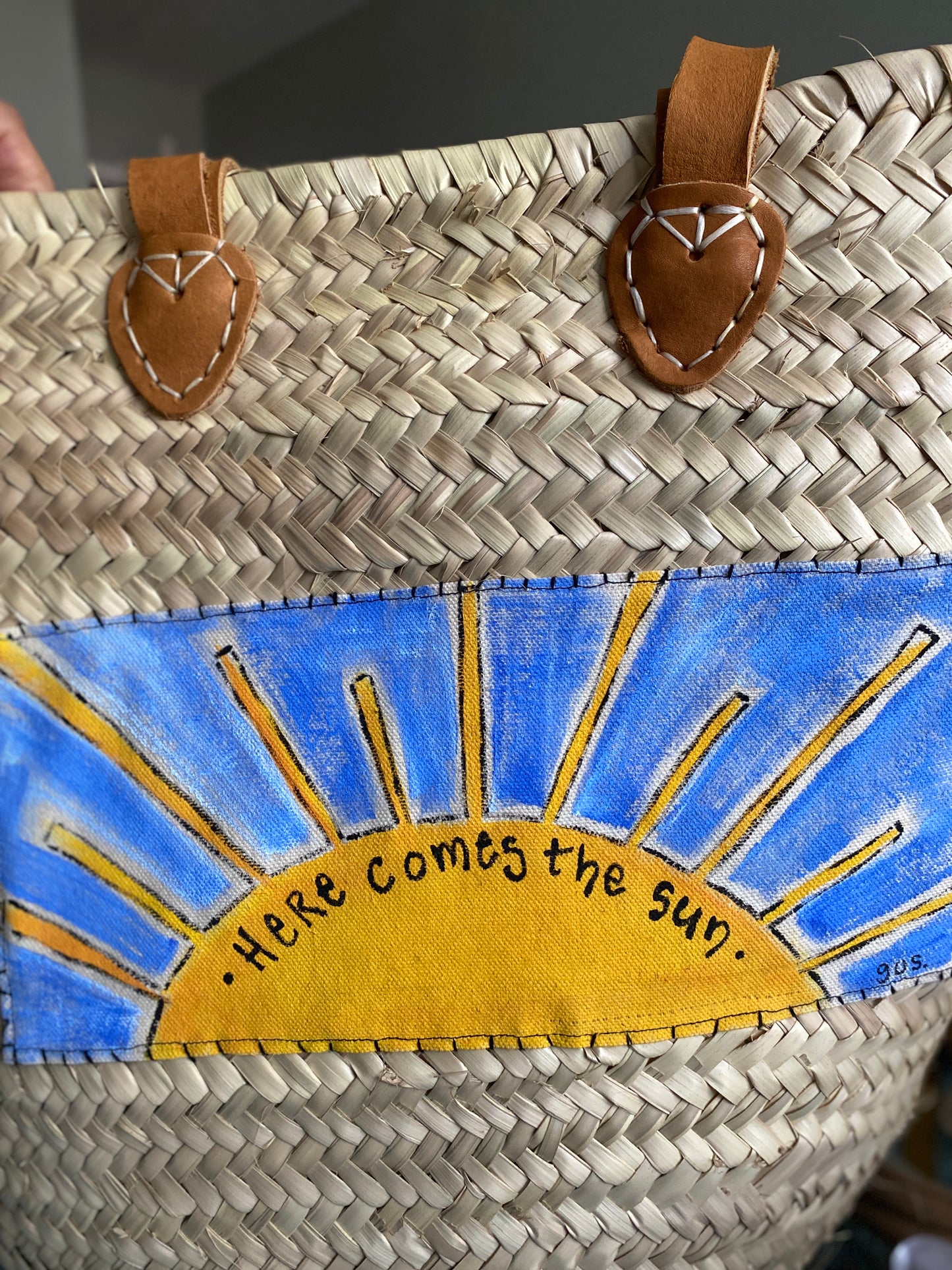 "Here Comes the Sun" Wicker Beach Bag with Leather Straps (SOLD)