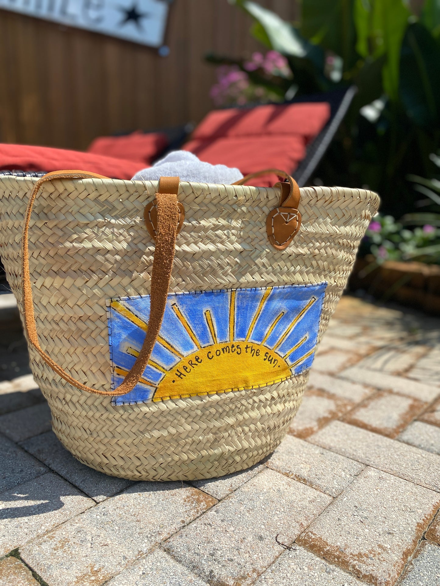 "Here Comes the Sun" Wicker Beach Bag with Leather Straps (SOLD)