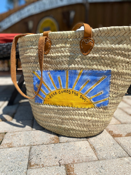 "Here Comes the Sun" Wicker Beach Bag with Leather Straps (SOLD)