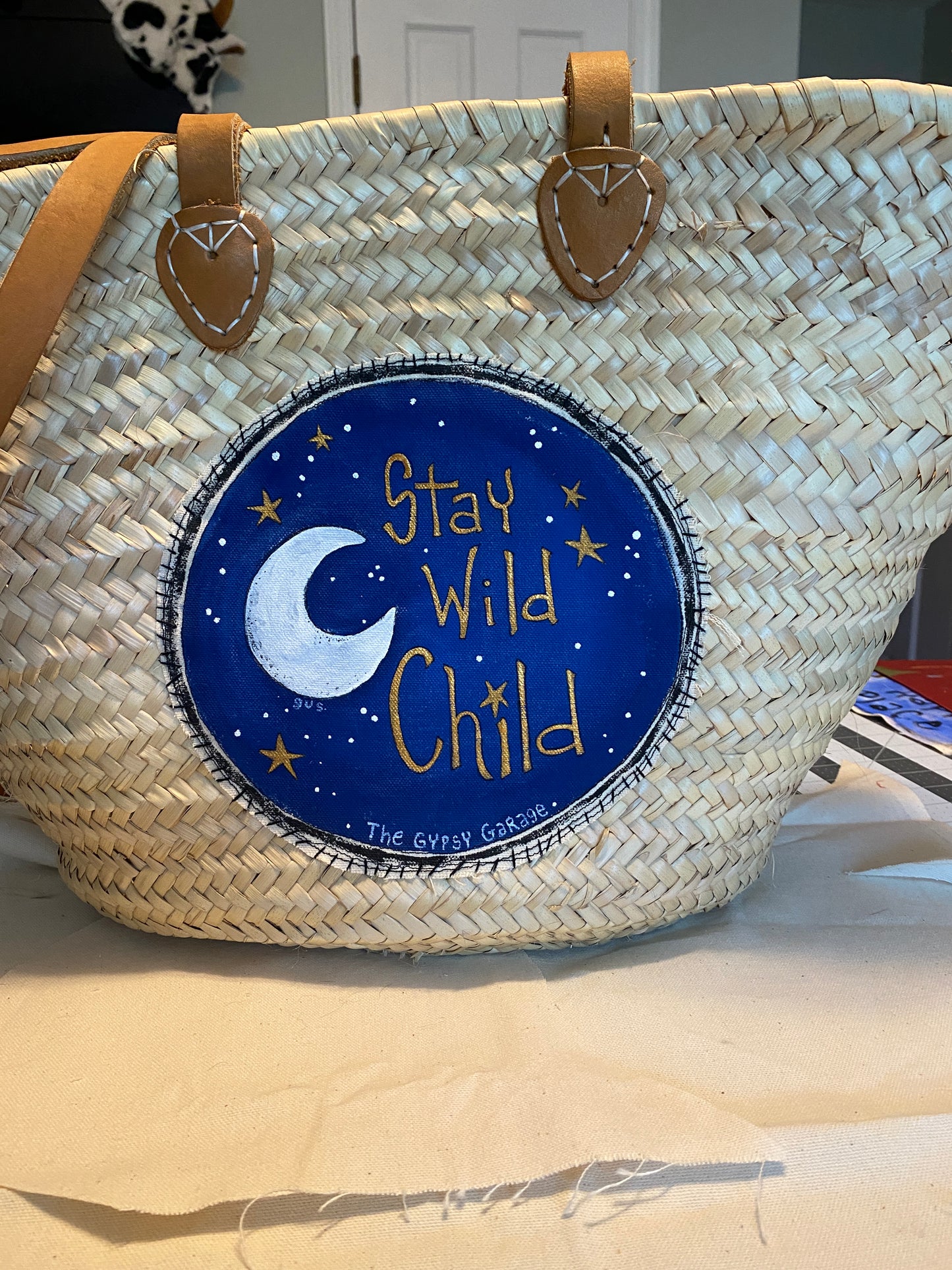 "Stay Wild, Moon Child" Whimsical Wicker Beach Bag with Leather Straps (SOLD)