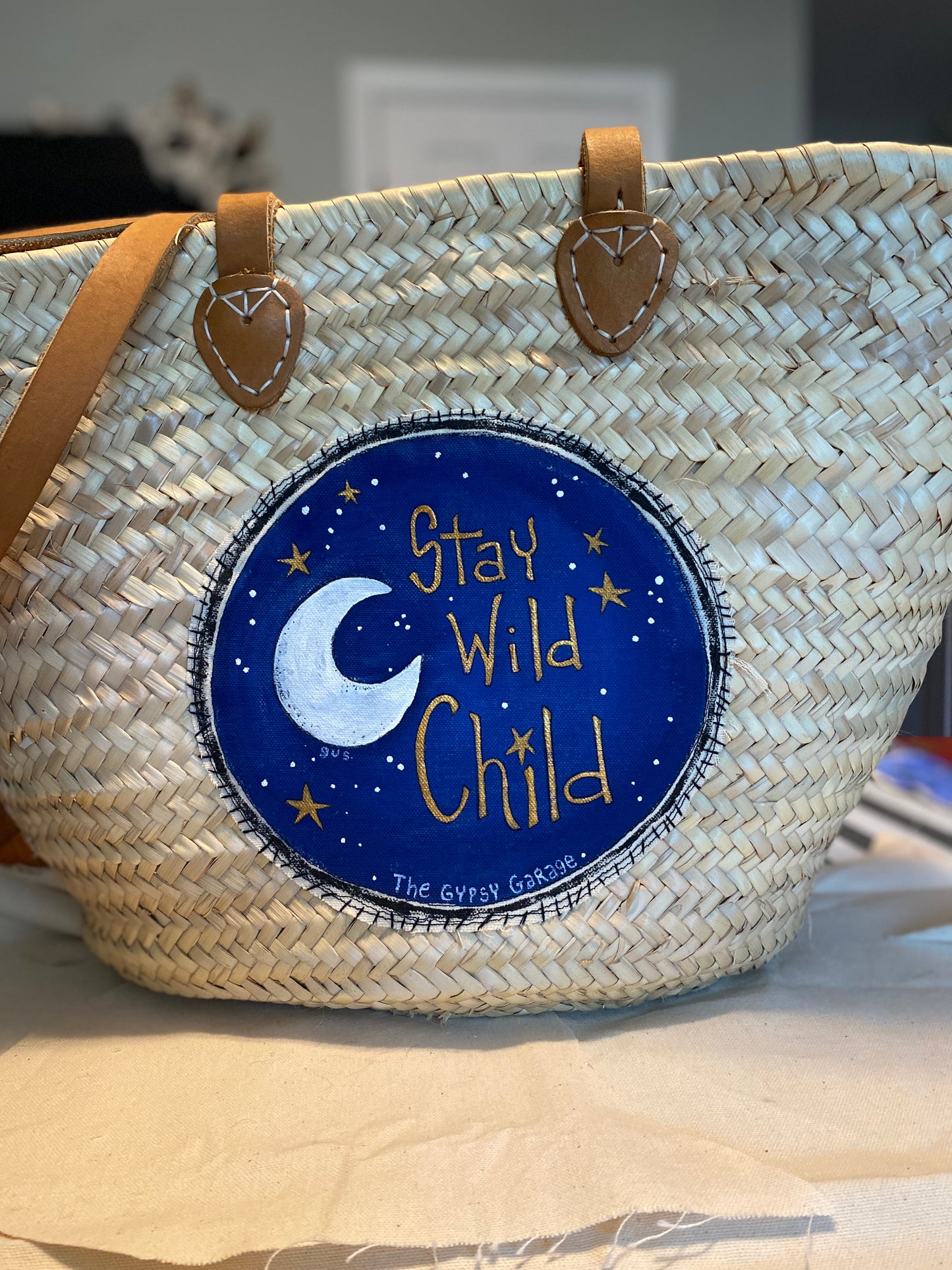 "Stay Wild, Moon Child" Whimsical Wicker Beach Bag with Leather Straps (SOLD)