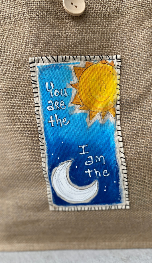 "You are the Sun, I am the Moon" Whimsical Burlap Beach Bag (SOLD)