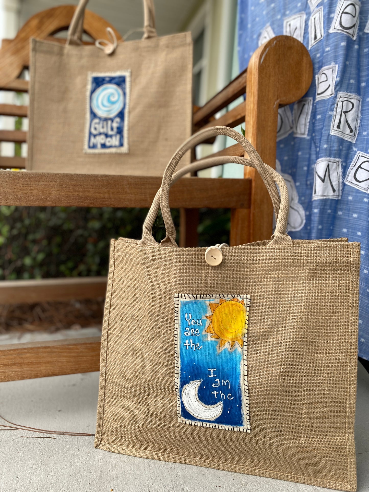 "You are the Sun, I am the Moon" Whimsical Burlap Beach Bag (SOLD)