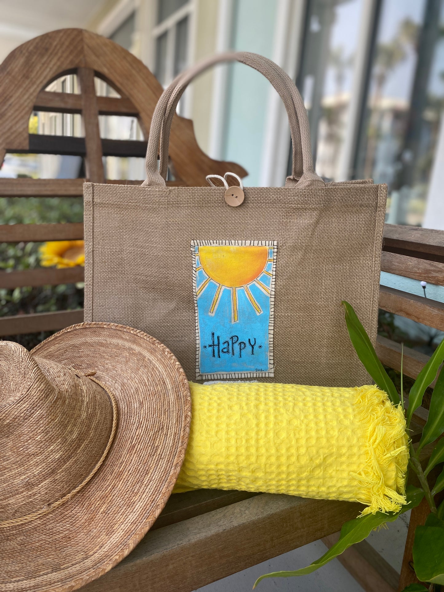 "Happy".  Simply Happy Sun Burlap Beach Bag (SOLD)