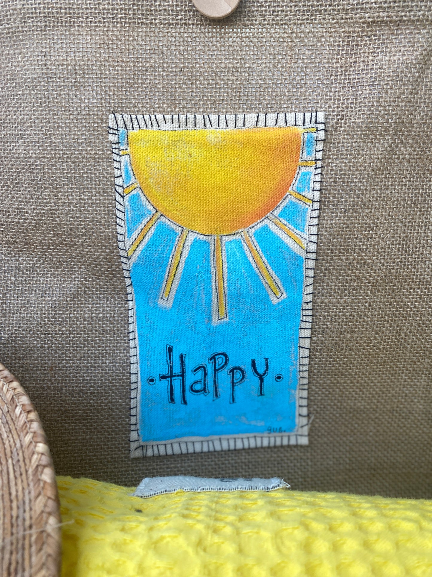 "Happy".  Simply Happy Sun Burlap Beach Bag (SOLD)