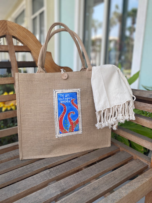 "In an Octopus' Garden" Burlap Beach Bags with One of a Kind Hand Painted Patches