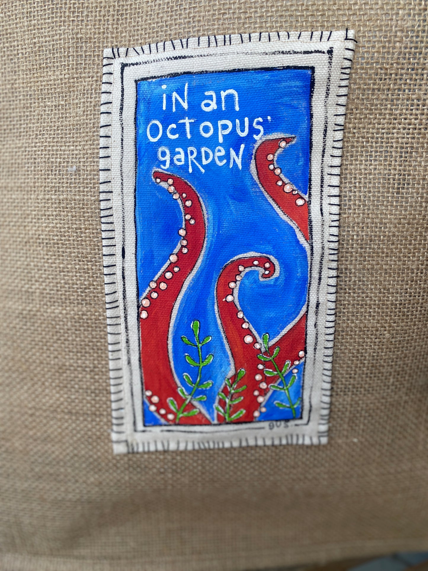 "In an Octopus' Garden" Burlap Beach Bags with One of a Kind Hand Painted Patches