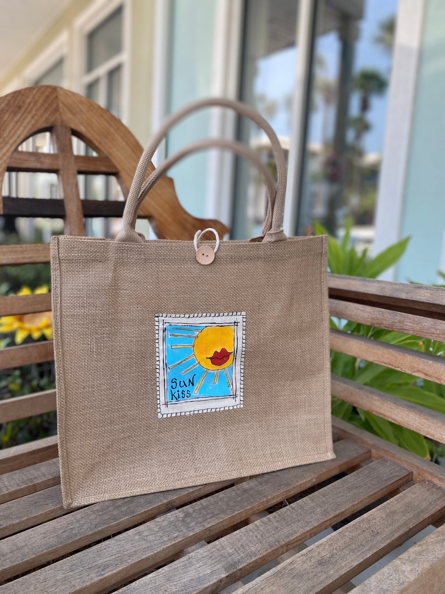 "Sun Kiss" Happy Summer Burlap Beach Bag