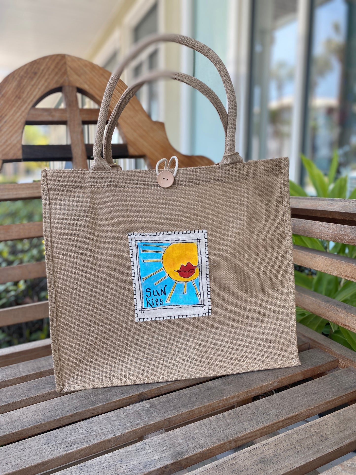 "Sun Kiss" Happy Summer Burlap Beach Bag