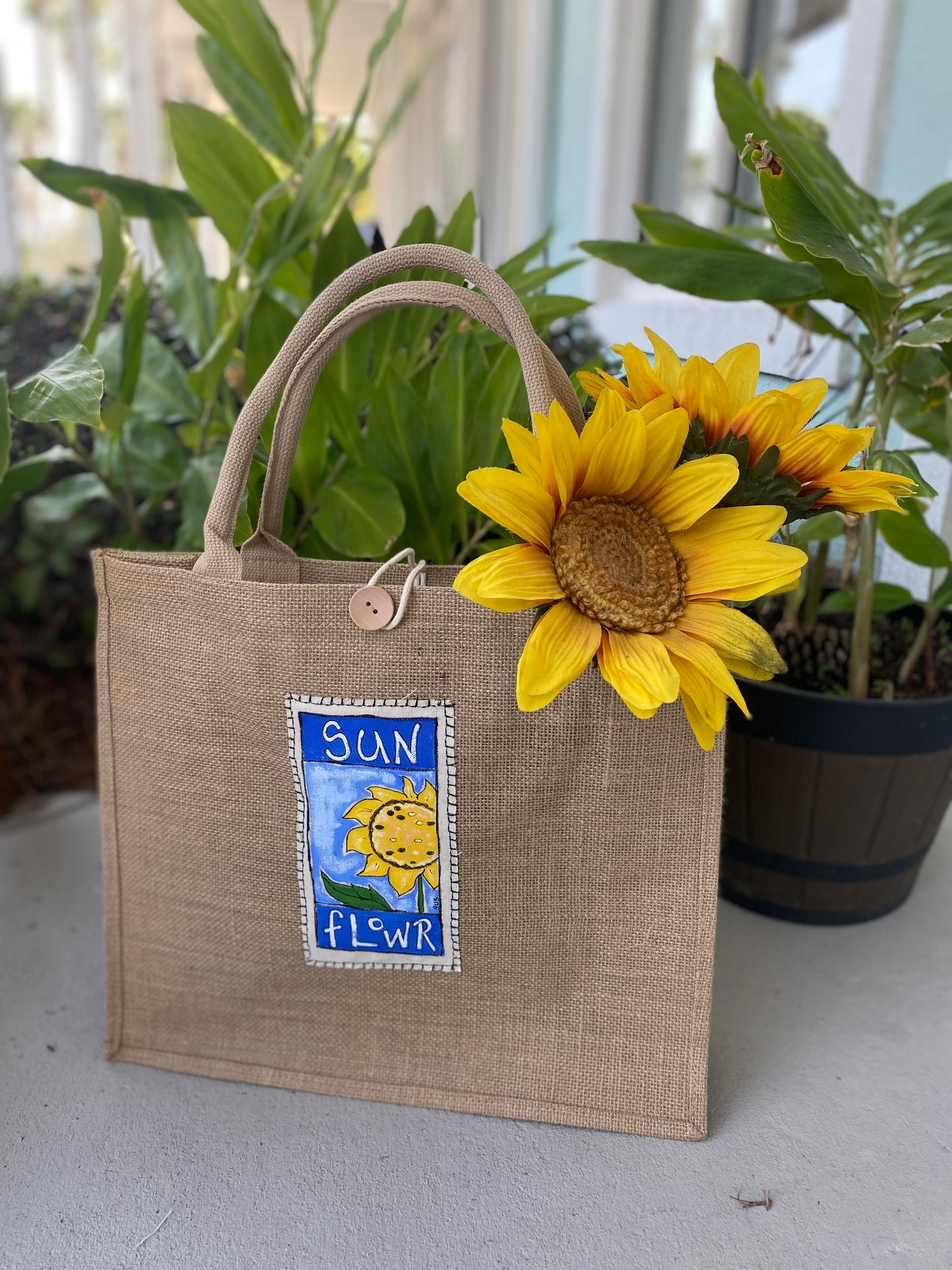 "SunFlower" Whimsical Hand Painted Burlap Beach Bag