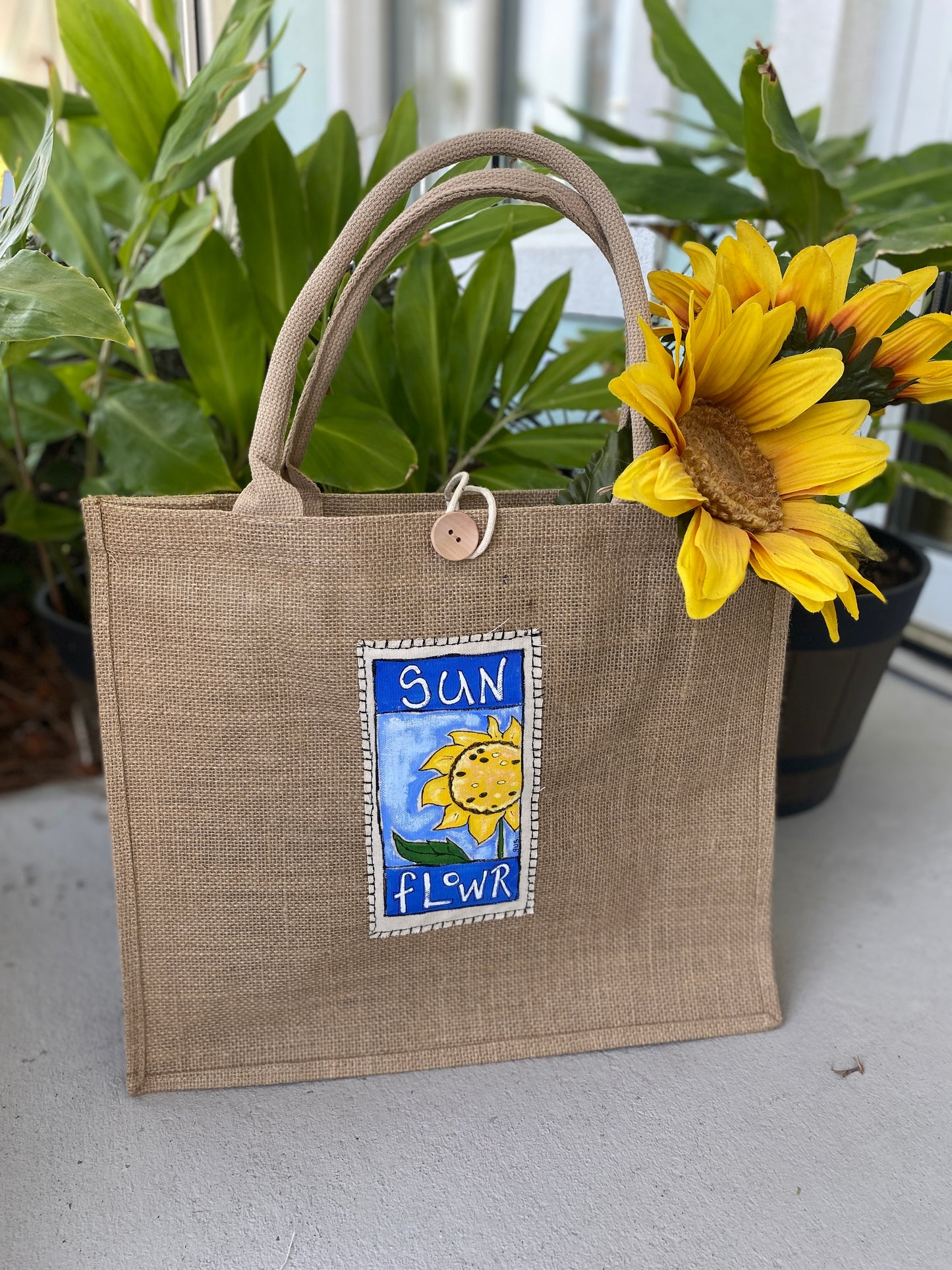 "SunFlower" Whimsical Hand Painted Burlap Beach Bag