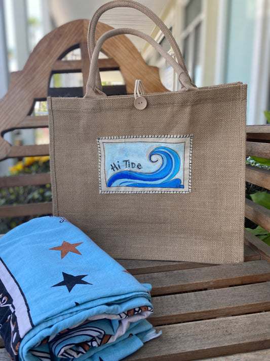 "HI Tide" Fun & Whimsical Burlap Beach Bags