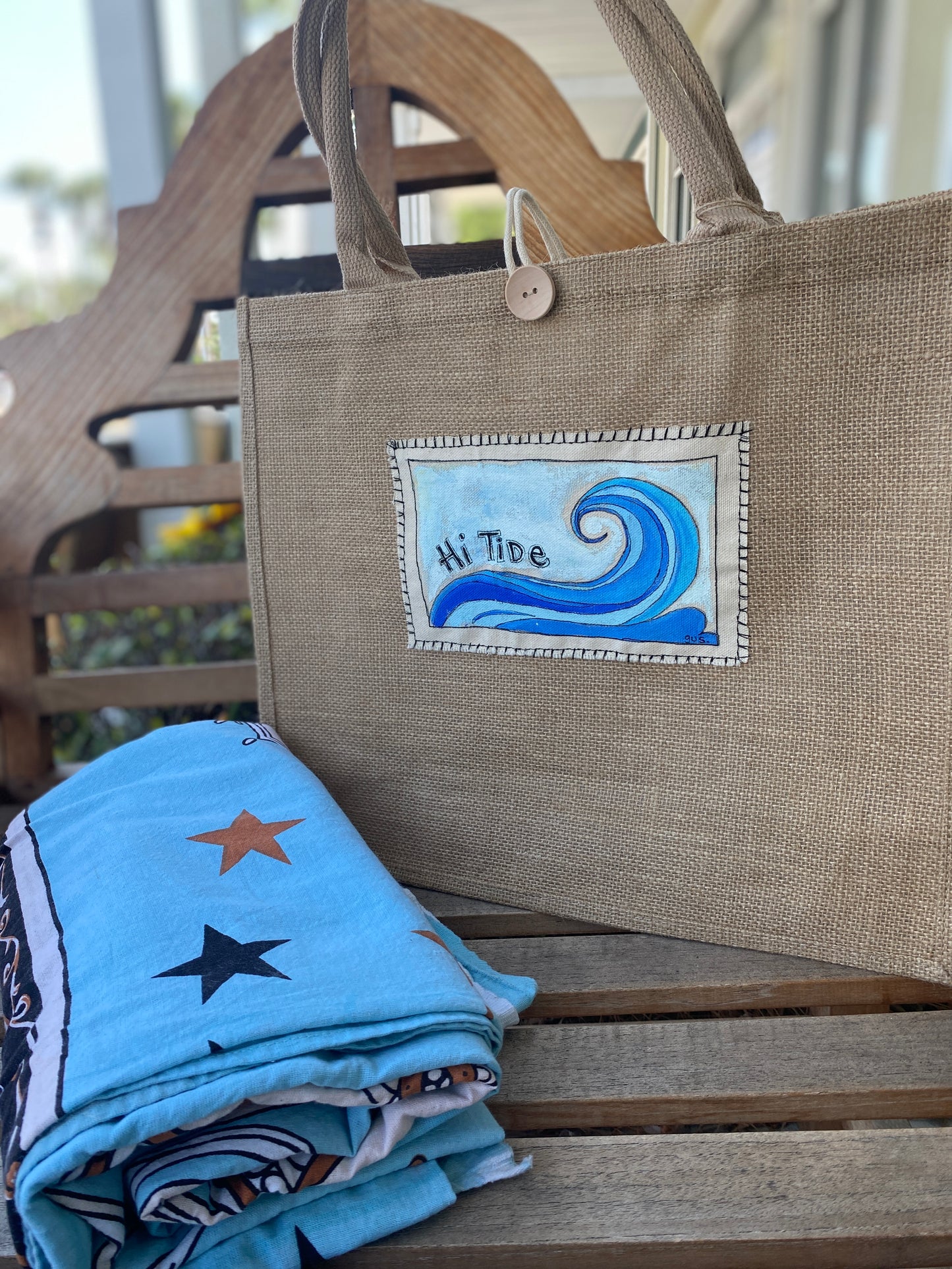 "HI Tide" Fun & Whimsical Burlap Beach Bags