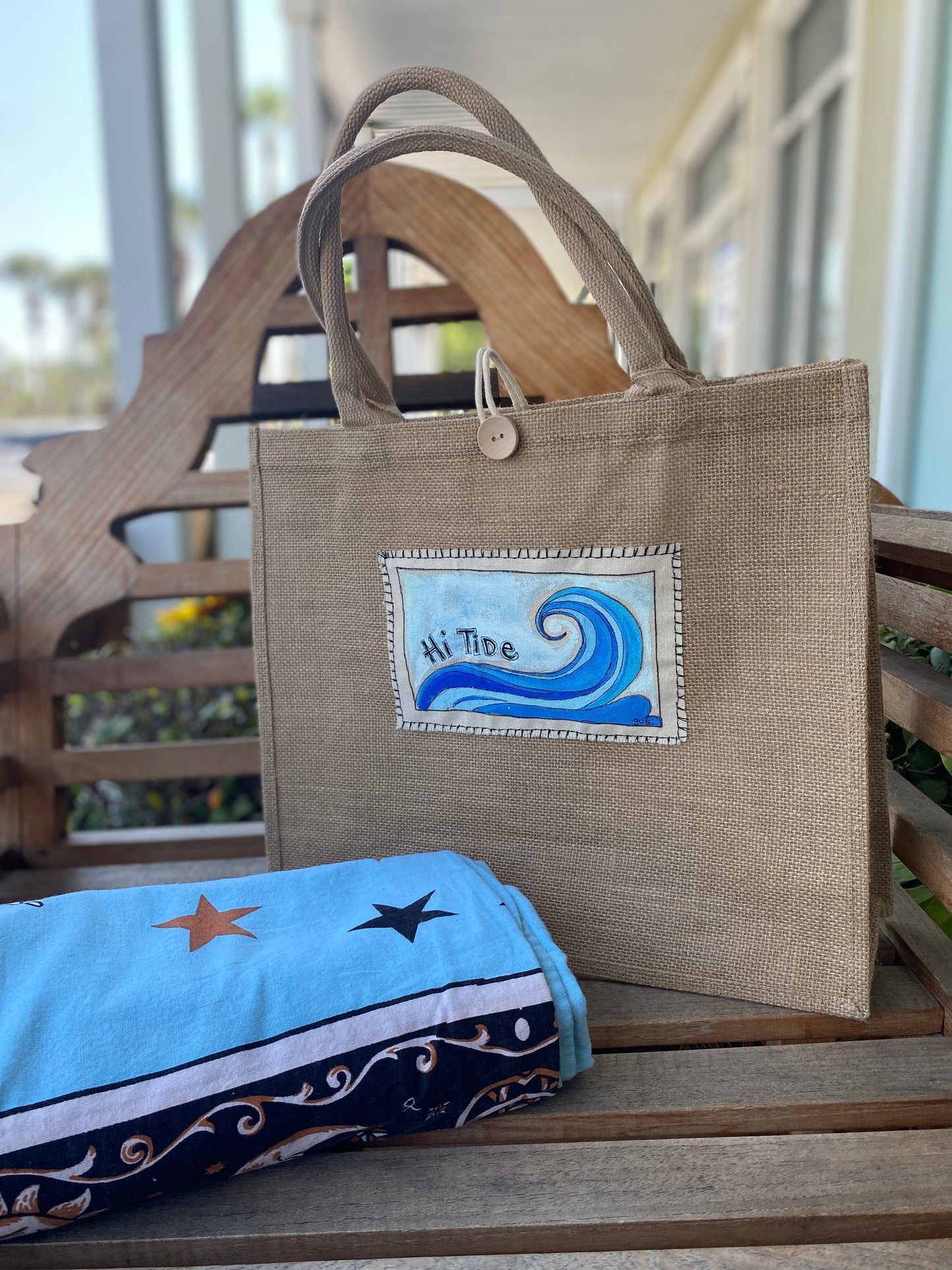 "HI Tide" Fun & Whimsical Burlap Beach Bags