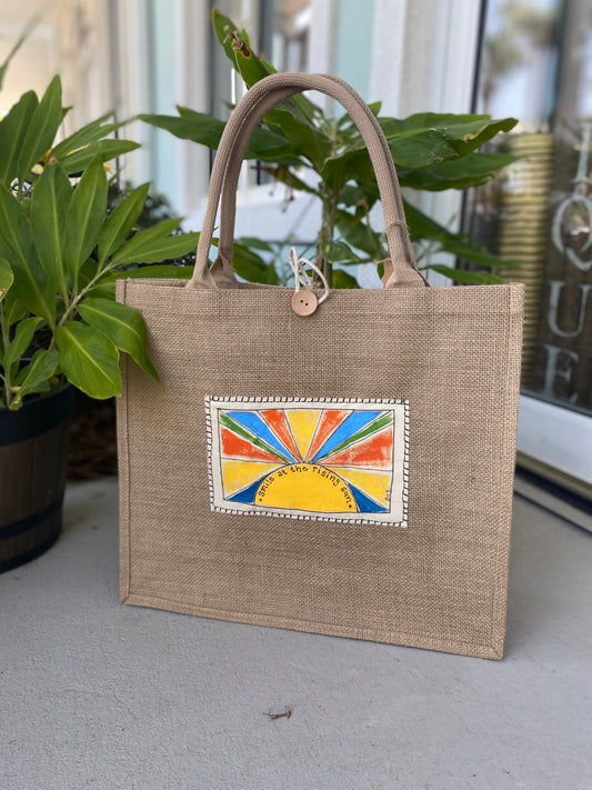 "Smile at the Rising Sun" Burlap Beach Bag