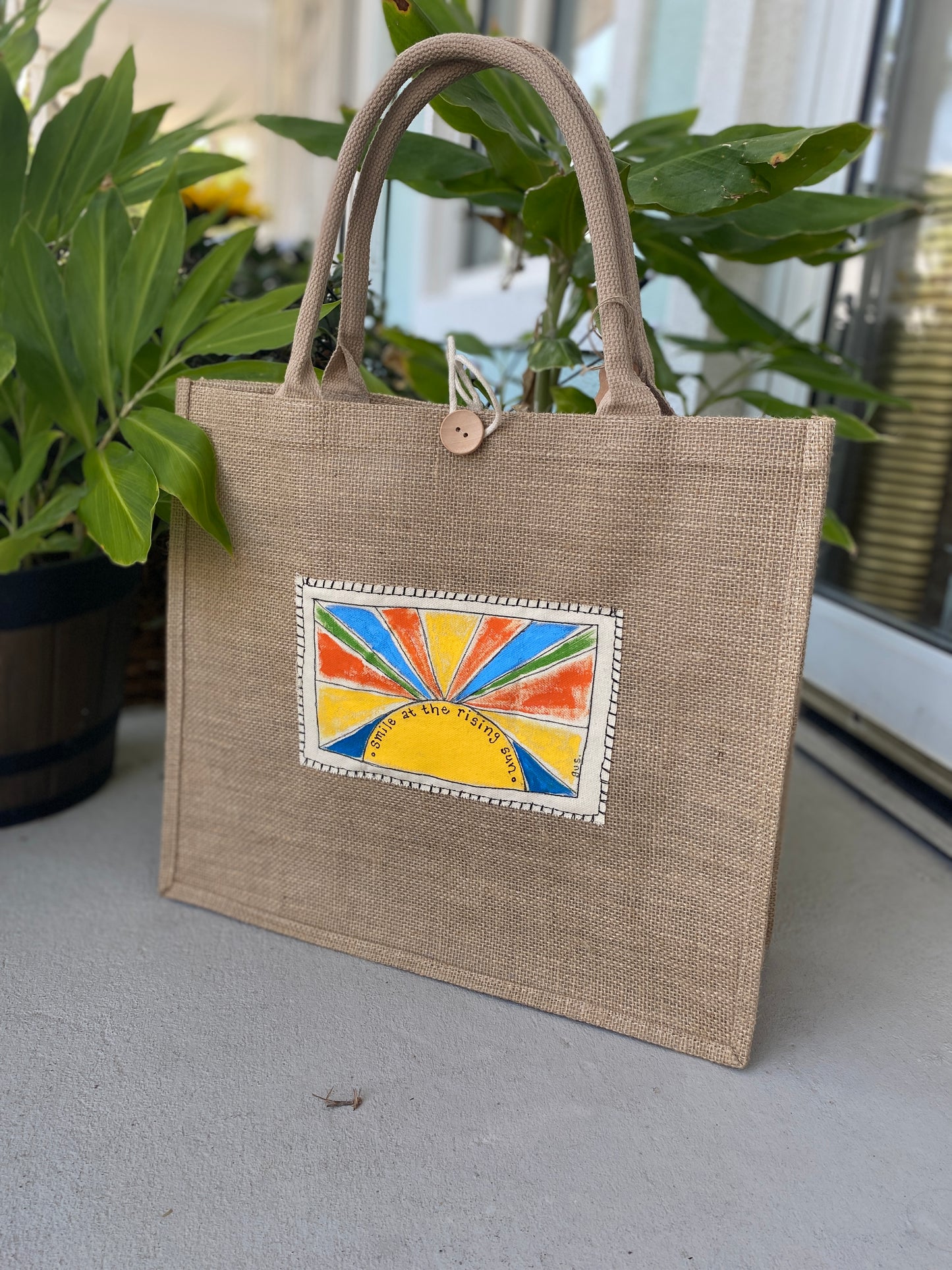 "Smile at the Rising Sun" Burlap Beach Bag