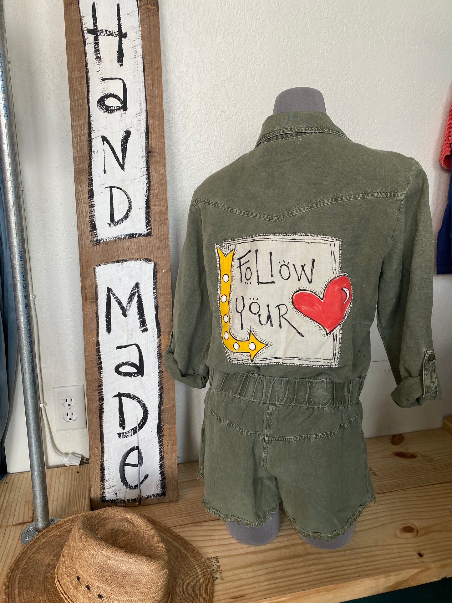 "Follow Your Heart" UPCYCLED Long Sleeve Romper in Army Green (SOLD)