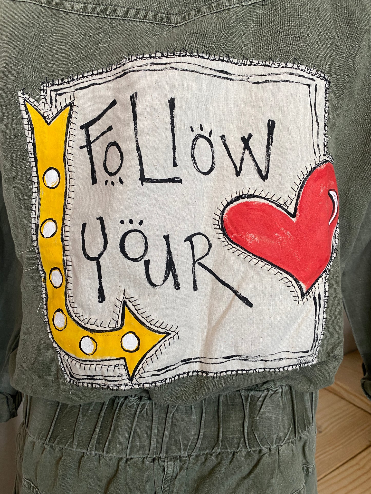 "Follow Your Heart" UPCYCLED Long Sleeve Romper in Army Green (SOLD)