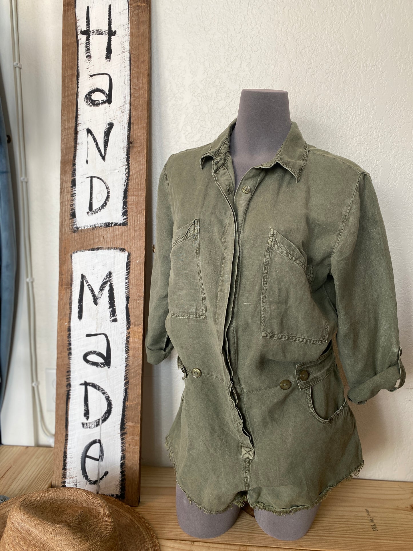 "Follow Your Heart" UPCYCLED Long Sleeve Romper in Army Green (SOLD)