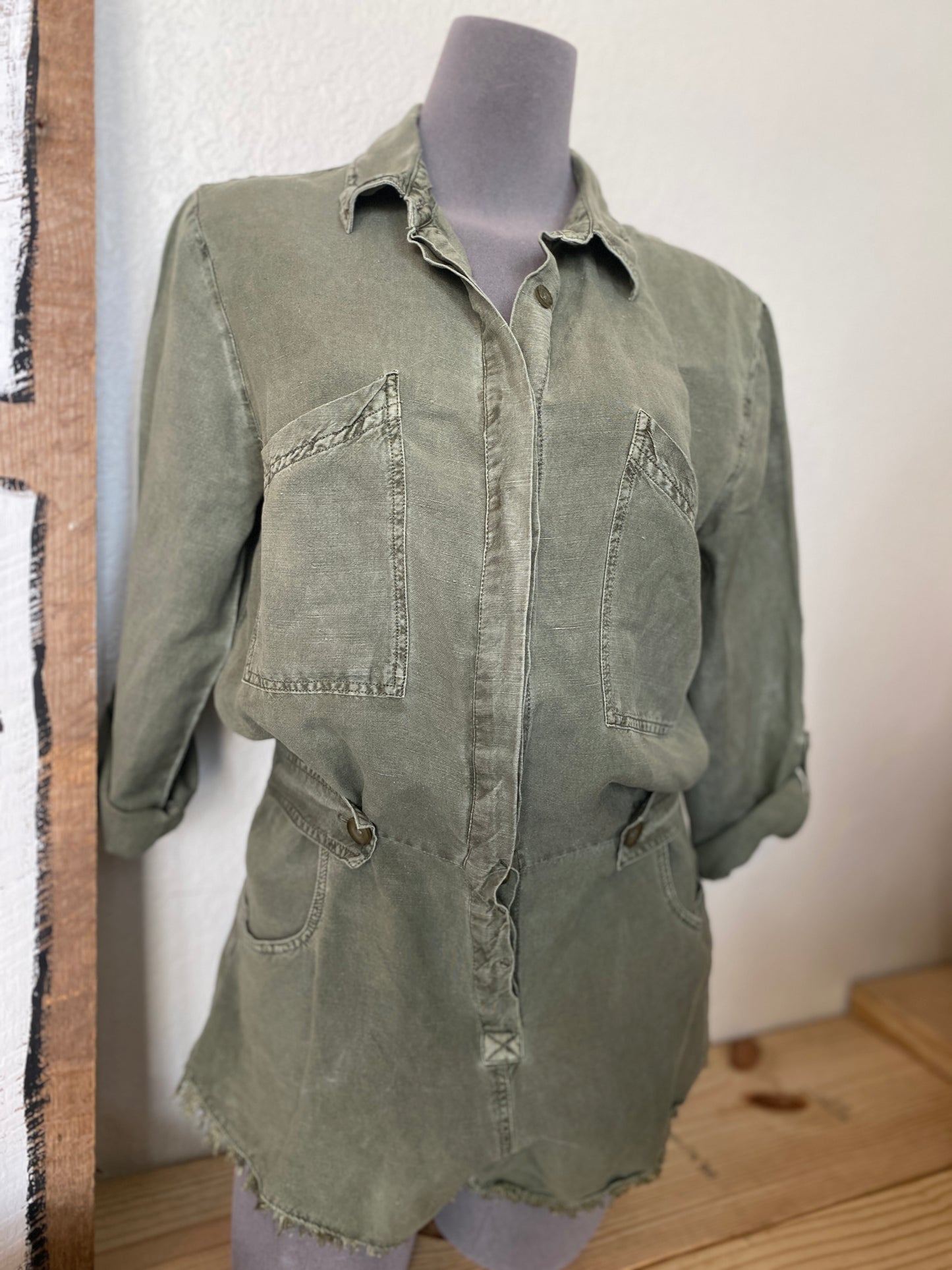 "Follow Your Heart" UPCYCLED Long Sleeve Romper in Army Green (SOLD)