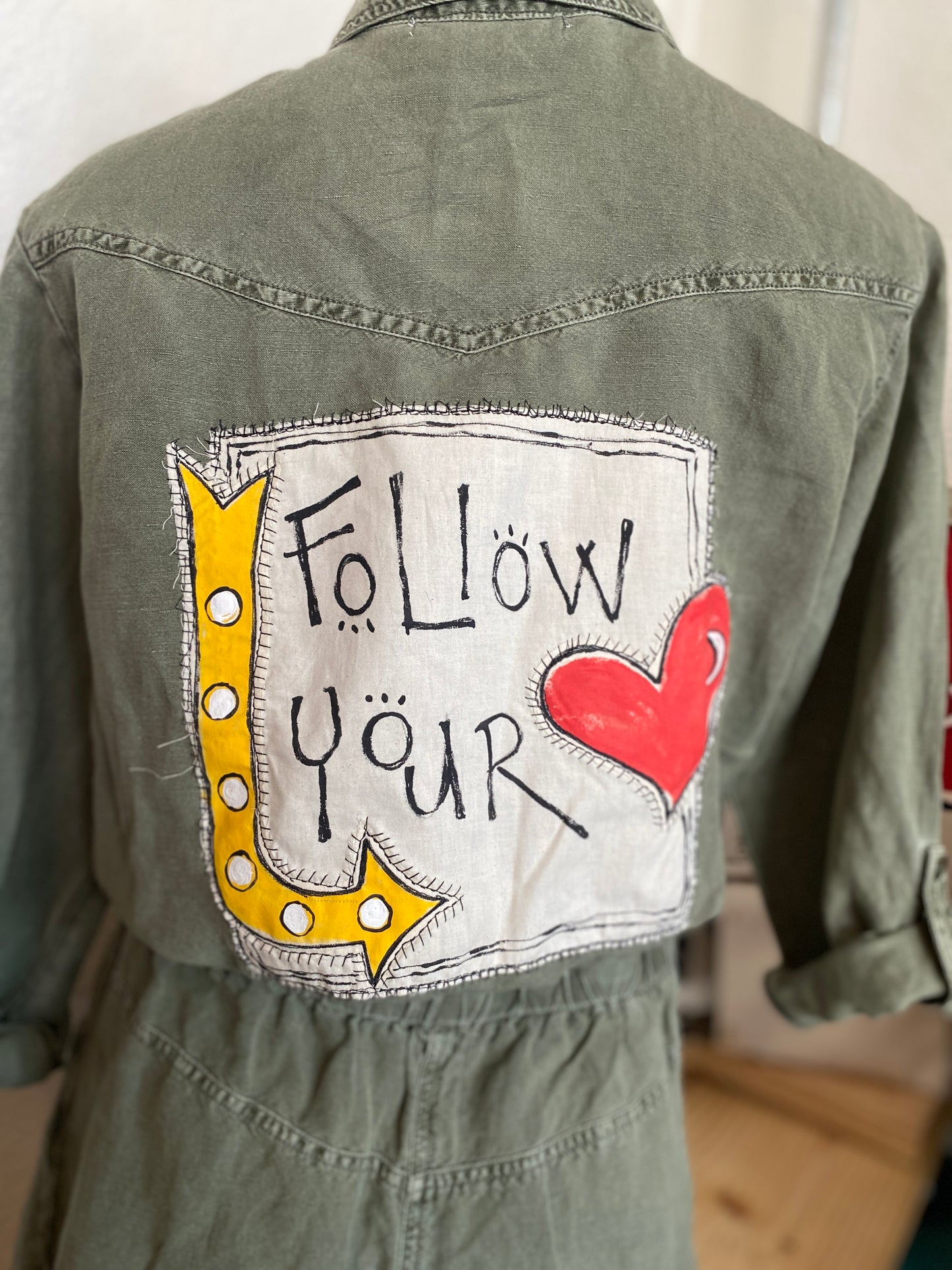 "Follow Your Heart" UPCYCLED Long Sleeve Romper in Army Green (SOLD)